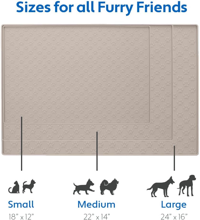 MIGHTY MONKEY 100% Waterproof Dog Food Mat, Raised Edges Silicone Pet Feeding Placemat for Cat, Dogs, Pet Bowls, High Lipped Tray Prevents Water Spills, Food on Floor, Dishwasher Safe, 18x12, Beige