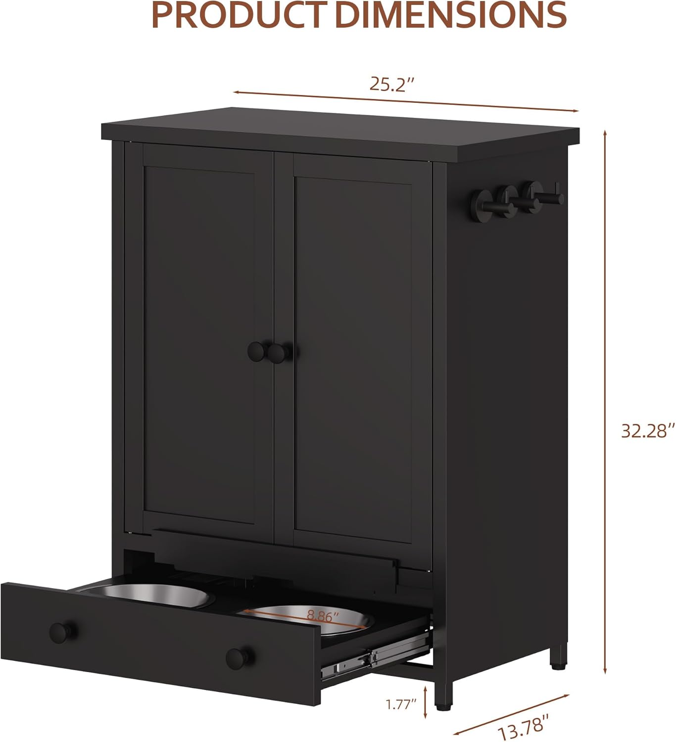 Dog Feeding Station with Storage, Metal Dog Food Storage Cabinet with 2 Elevated Bowls and 3 Hooks, Pet Feeding Station and Food Storage Organizer, Black