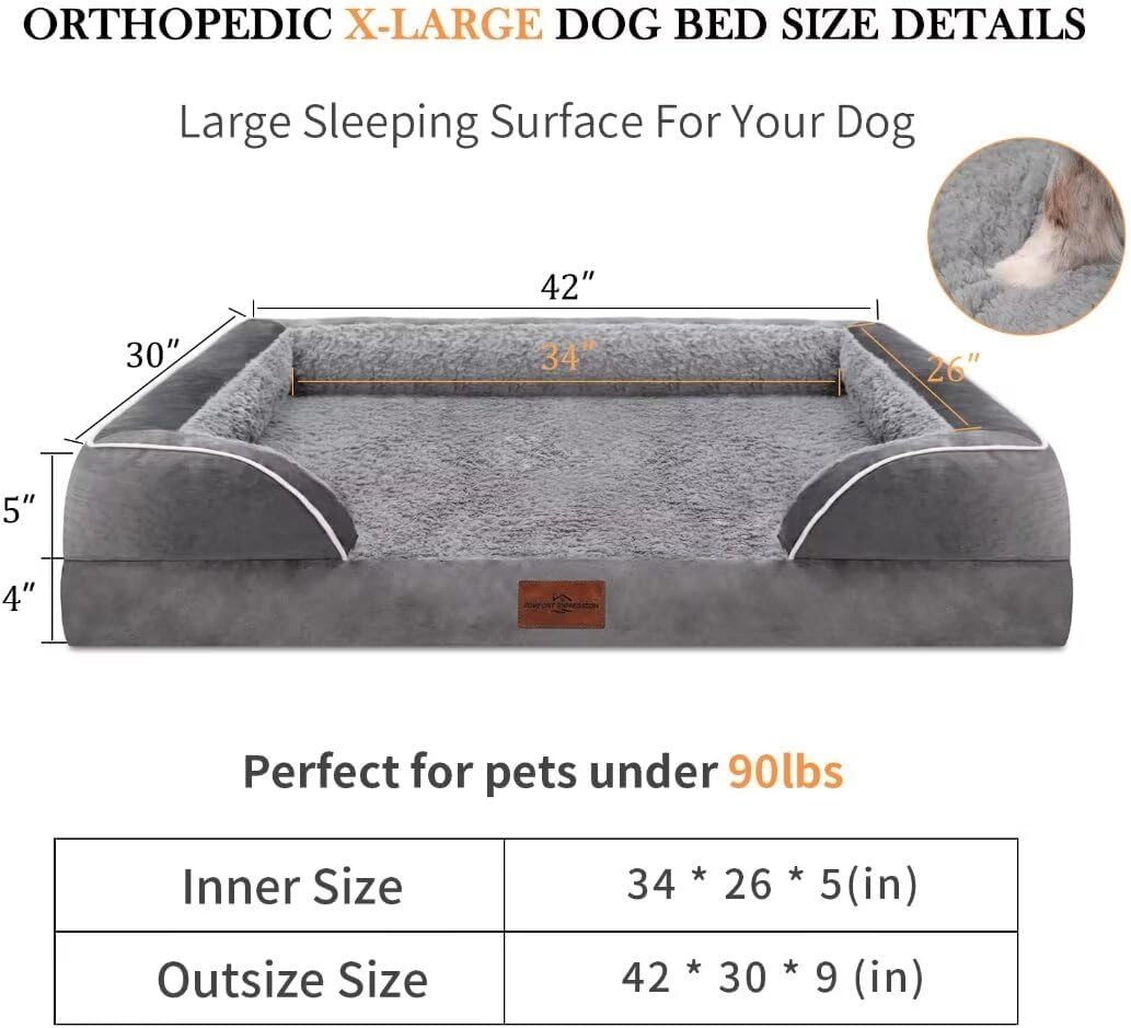Comfort Expression Orthopedic Waterproof Dog Beds Memory Foam, XL Washable Dog Beds with Removable Cover, Large Pet Sofa Couch with Bolster(X-Large,Silver Grey)