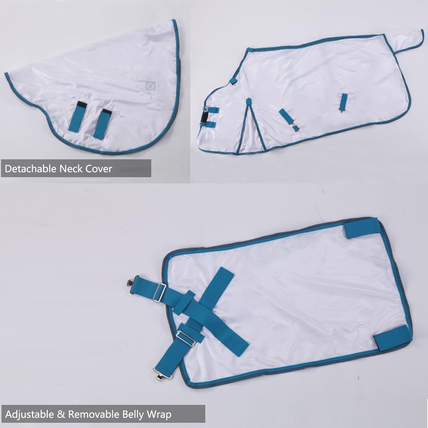 Horse Fly Sheet with Detachable Neck Cover & Belly Wrap, Adjustable Fly Sheet for Horses, Ventilated Airflow Mesh Equine Cooling Summer Flysheet White 75