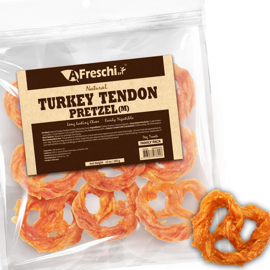 Afreschi Natural Turkey Tendon Pretzel (M) 10 oz, USA-Sourced Turkey Tendon, All Natural Puppy Chew, Hypoallergenic, Rawhide Alternative, for Medium Breeds
