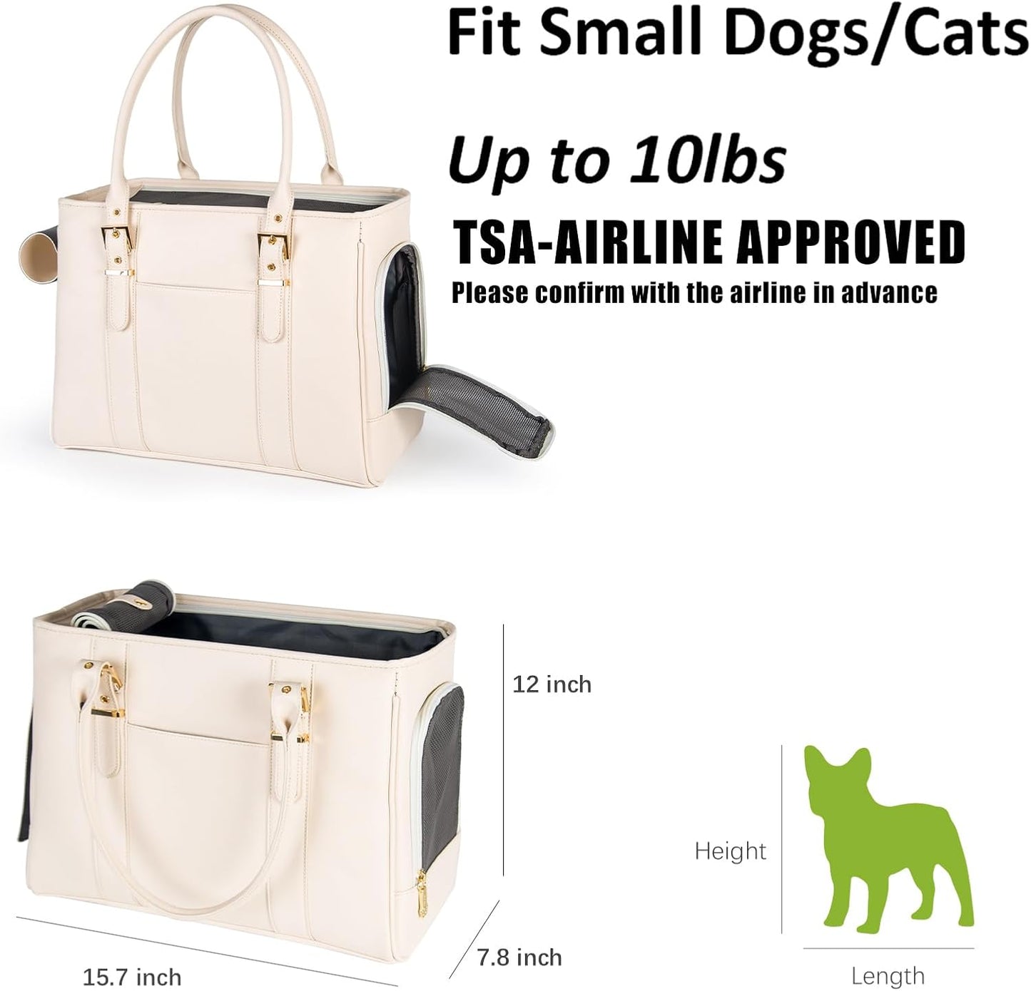 Fashion Pet Carrier Dog Purse Cat Bag Soft-Sided Carriers Travel Airline Approved, Stylish Leather Tote Handbag for Small Animal Puppy Kitten (White)
