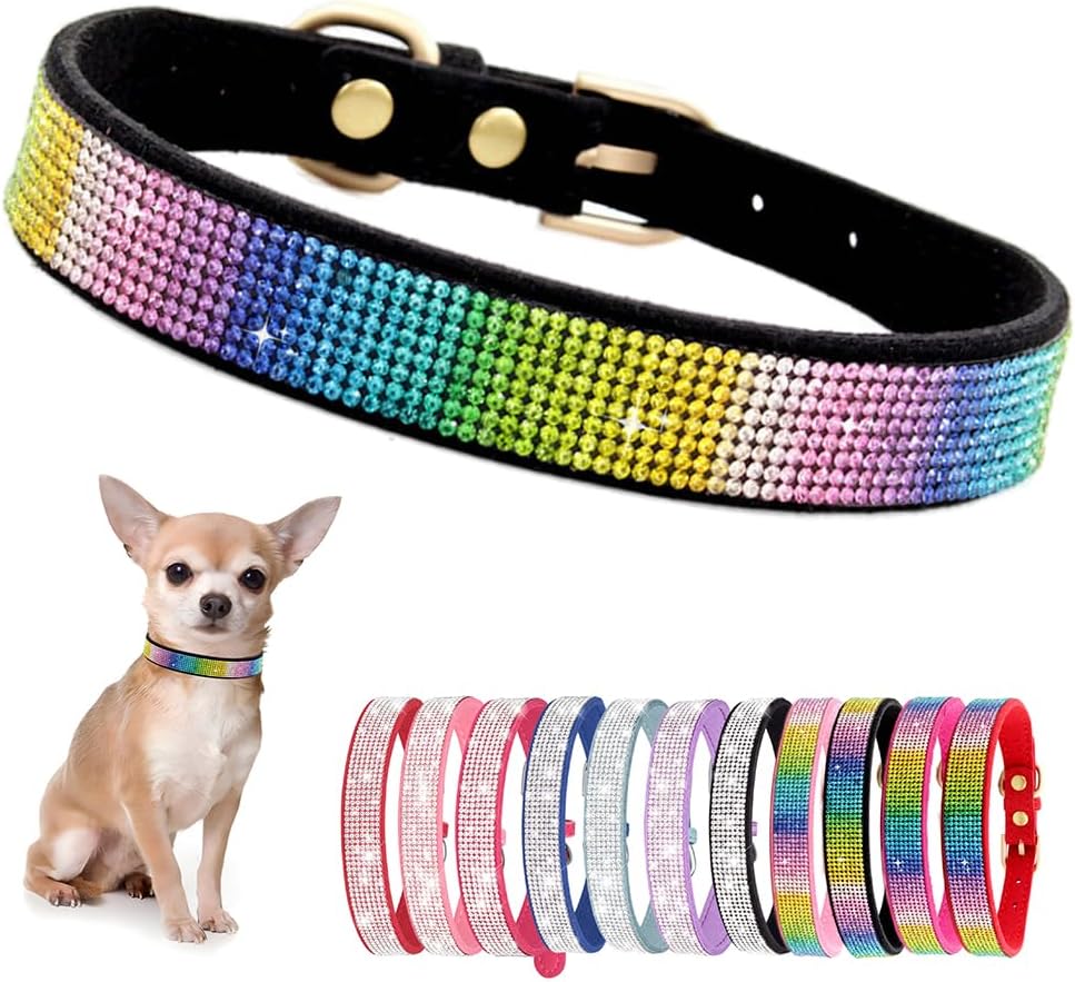 Rhinestone Dog Collar for Small Dogs, Bling Diamond Fancy Crystal Glitter Pretty Jewel Pet Puppy Collars for XXS XS Small Medium Large Breed Girl Dogs Female Cats Kitten, Colorful Black XXSmall