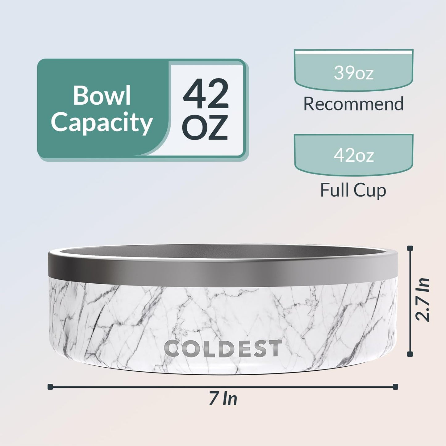 Coldest Dog Bowl - Anti Rust Metal & Non Slip Dog Bowls Large, Spill Proof Heavy Duty 3 Layers Insulated Dog Bowl - Food and Water Bowl for Dogs, Cats & Pets, Dishwasher Safe (42 oz, Carrara Marble)