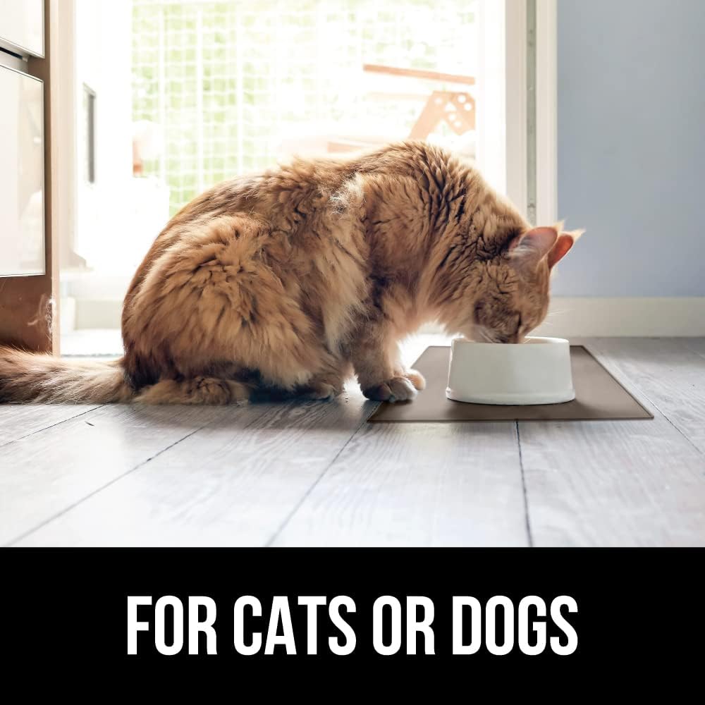 GORILLA GRIP 100% Waterproof Raised Edge BPA Free Silicone Pet Feeding Mat, Dog Cat Food Mats Contain Spills Protects Floors, Placemats for Cats and Dogs Water Bowl, Pets Accessories 28x18 Beige