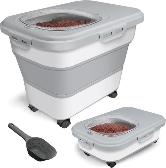 Dog Food Storage Container, 10-20lbs Collapsible Dog Cat Food Containers with Airtight Clear Flip-top，Rolling Wheel and Pet Food Scoop, Pet Food Storage Container Bin for Dog Cat Bird Pets