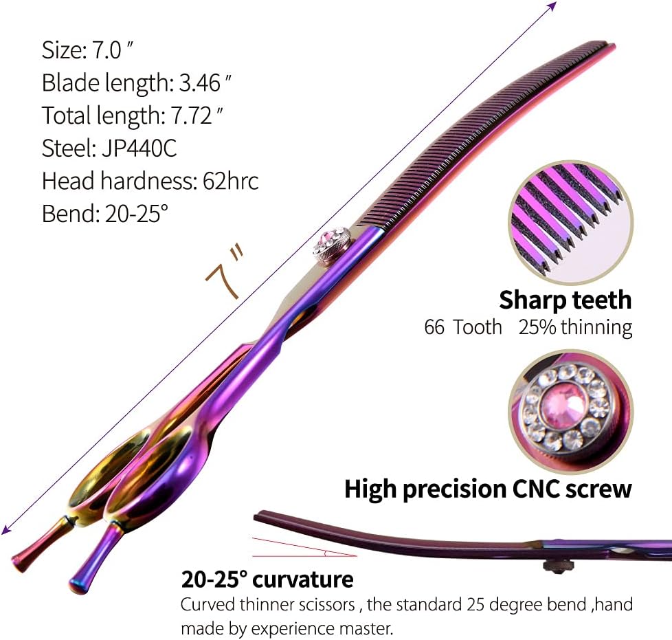 Fenice Peak Professional Dog Grooming Scissors Pet Curved Thinning Shears 7.0'' Extremely Sharp Blades 440C Thinning Scissors Durable Smooth Motion & Fine Cut for Dogs and Cats (Multicolored)