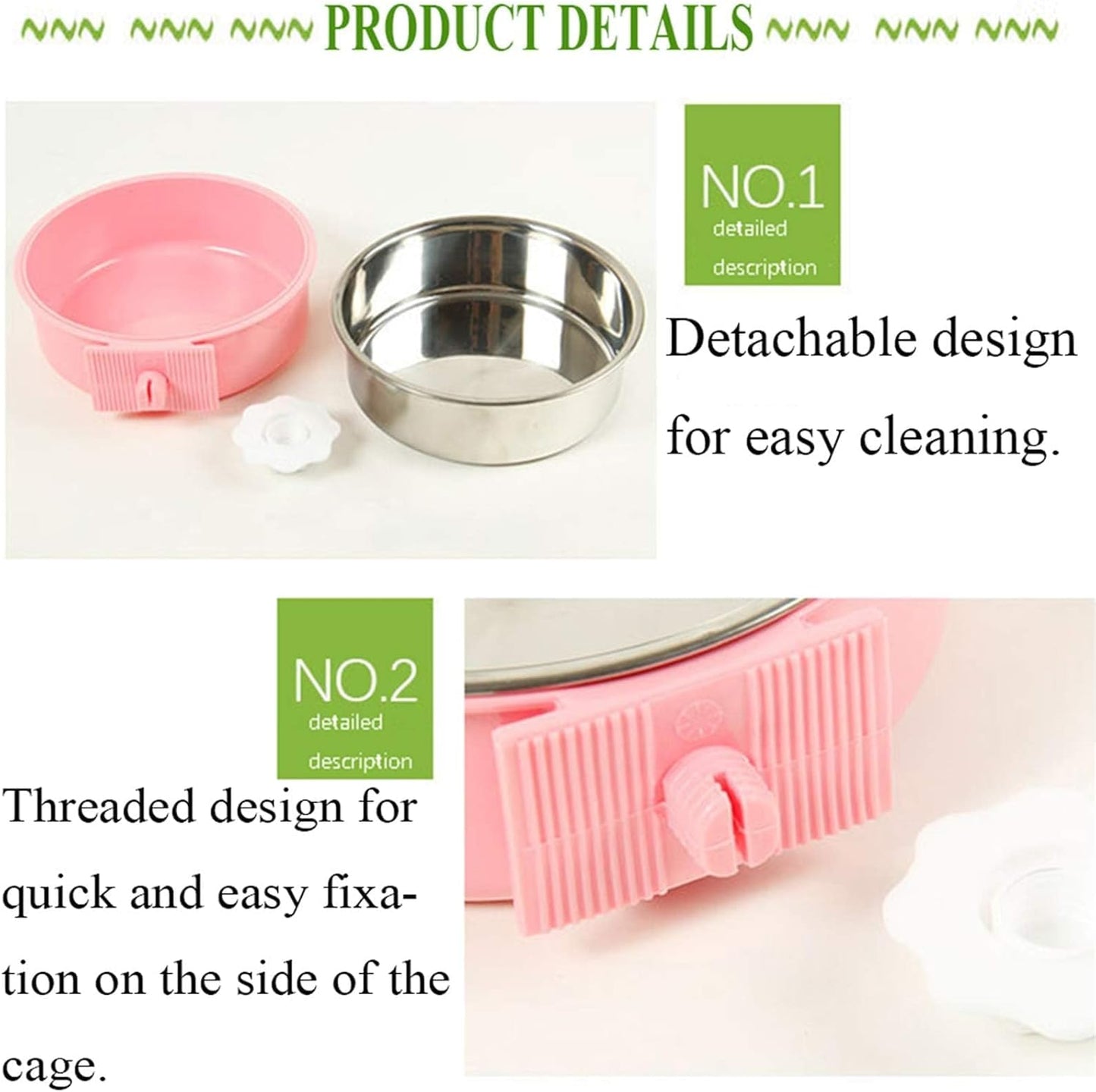 kathson Crate Dog Bowl, Removable Stainless Steel Hanging Pet Cage Bowl Food & Water Feeder Coop Cup for Cat, Puppy, Birds, Rats, Guinea Pigs 6pcs Large(2×Blue,2×Green,2×Pink)