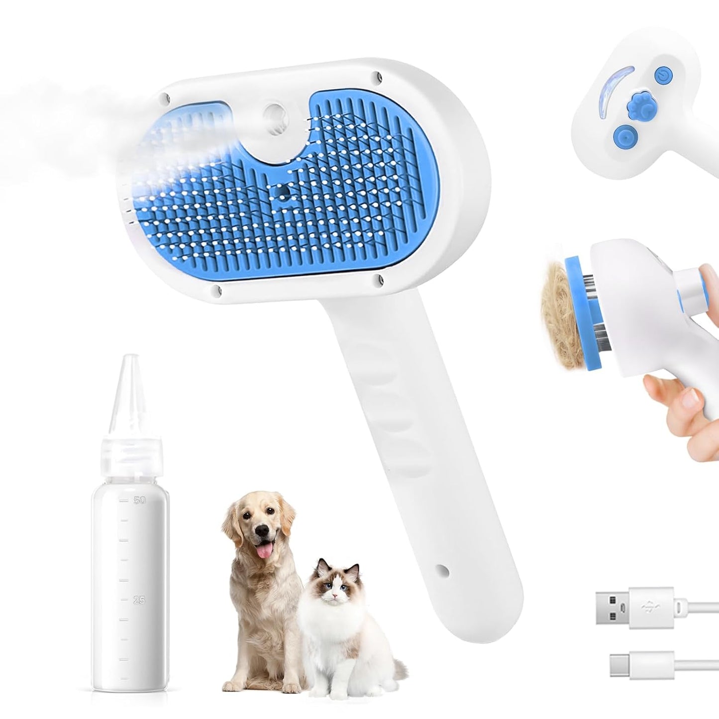 Pet Steam Brush for Dog & Cat - 3-in-1 Steam Grooming Brush for Shedding & Hair Removal - Self Cleaning Spray Comb with Mist for Long Haired Pets, Blue