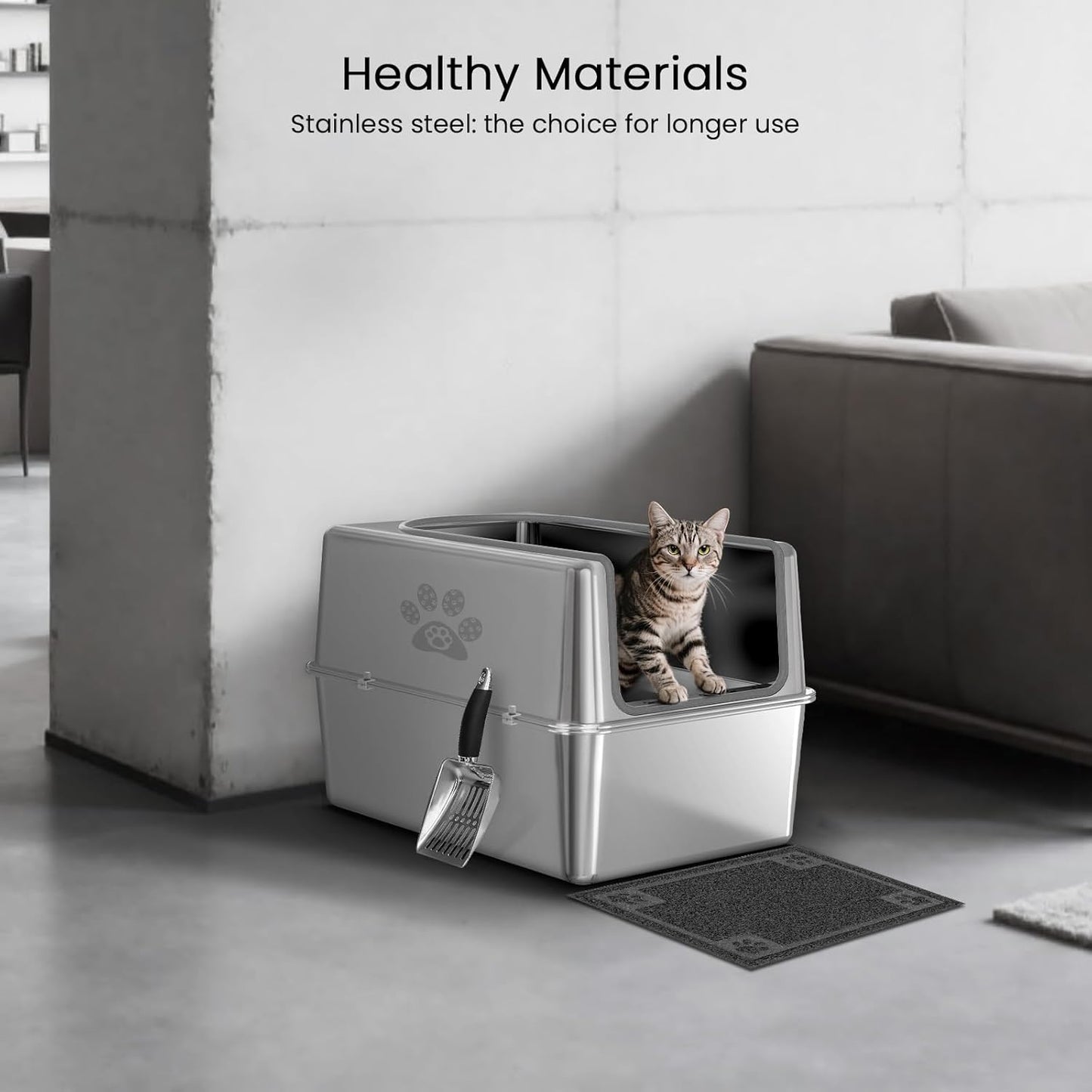 Enclosed Stainless Steel Cat Litter Box with Lid, Metal Litter Box for Big Cats, Extra Large Cat Toilet with High Side, Non-Stick, Anti-Leakage, Odorless, with Cats Litter Mat & Litter Scoop