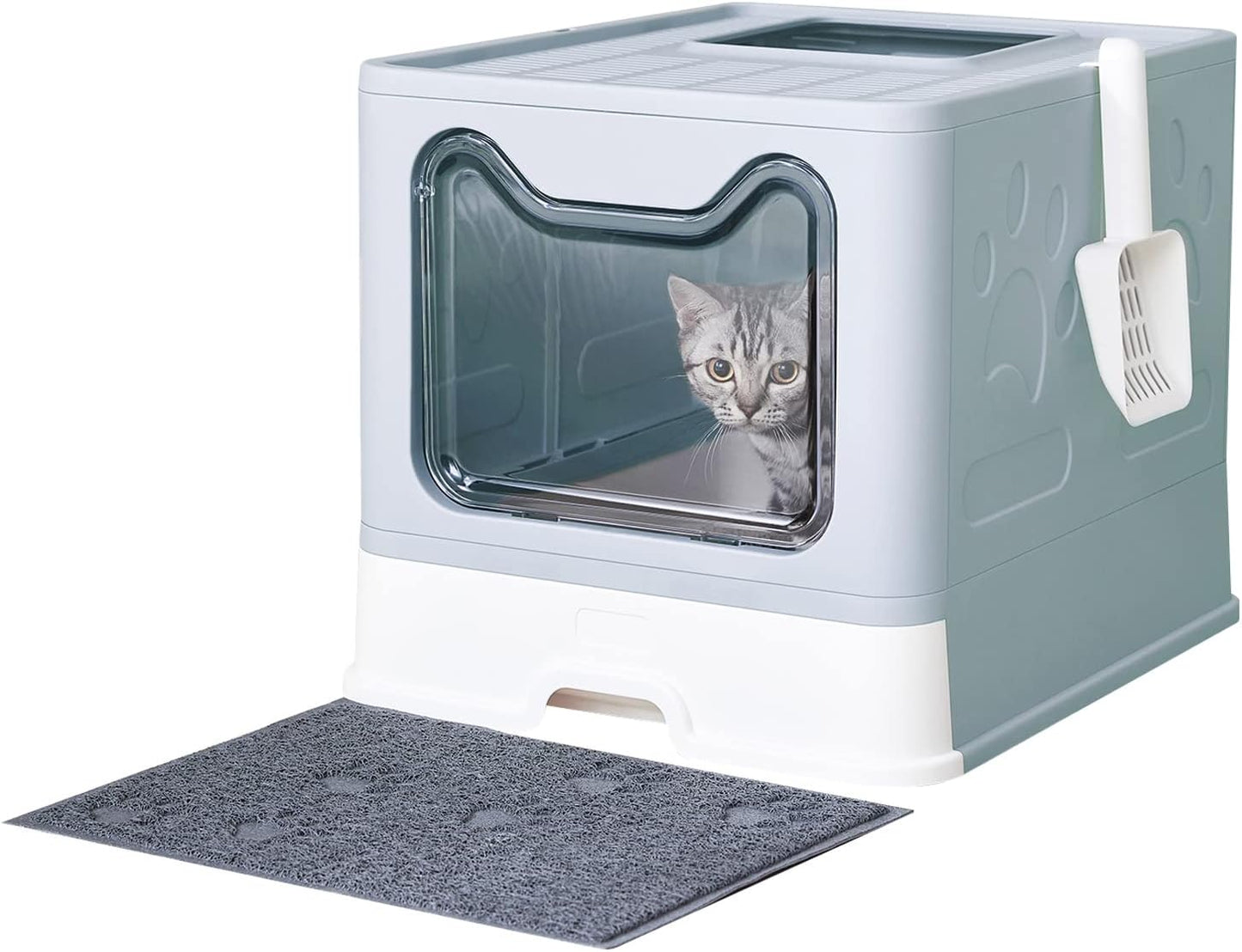 Cat Litter Box with Litter Mat and Scoop, Large Foldable Litter Box with Lid, Front Entry Top Exit Kitty Box, Odor Control, Easy to Clean (Blue)