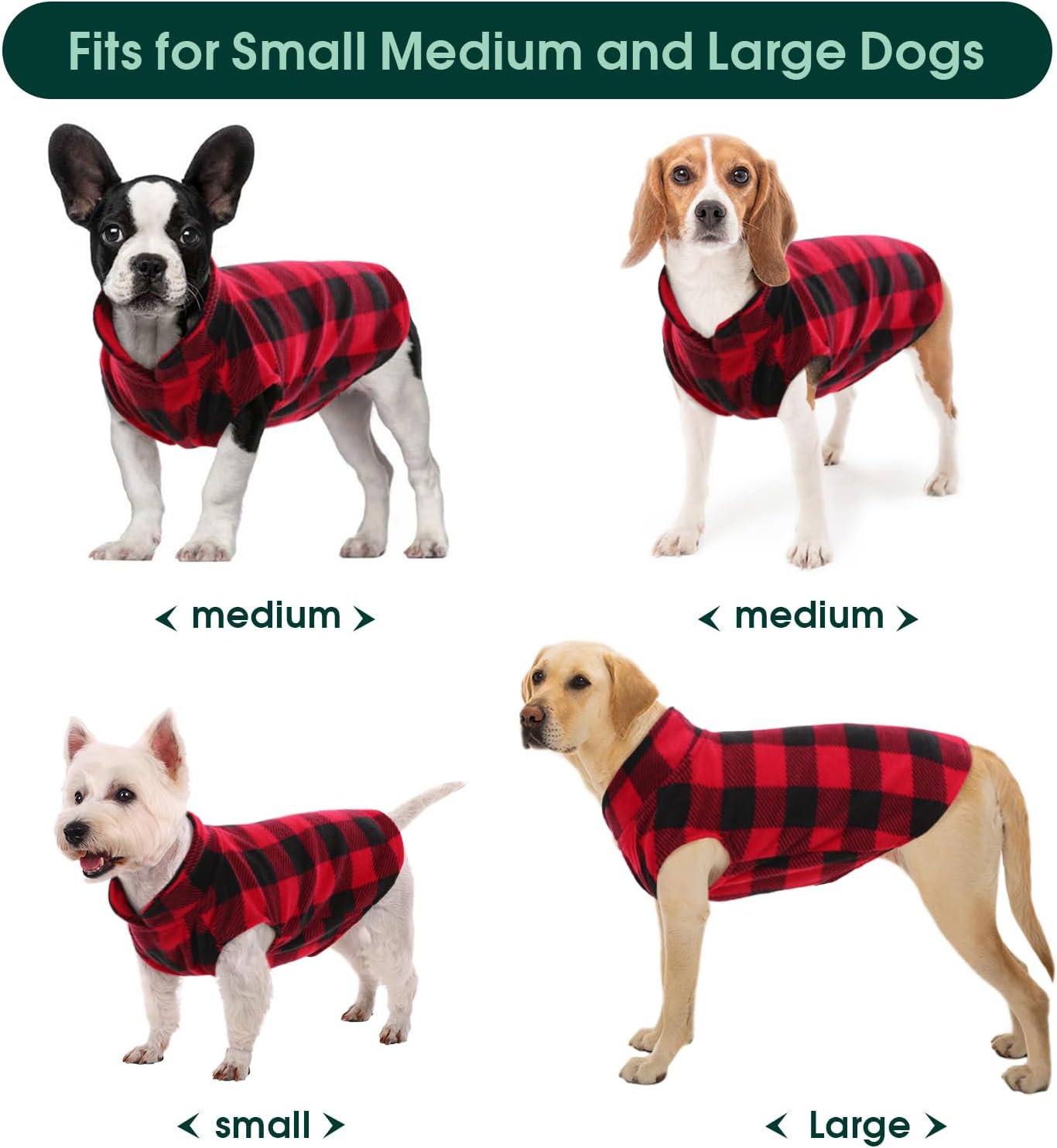 Kuoser Dog Fleece Vest,Warm Plaid Dog Sweater with Leash Hole,Soft Turtleneck Winter Pet Jacket Dogs Coat Pullover Clothes for Small Medium Dogs Cats,Spring Fall Cold Weather Christmas Outfit,Red M