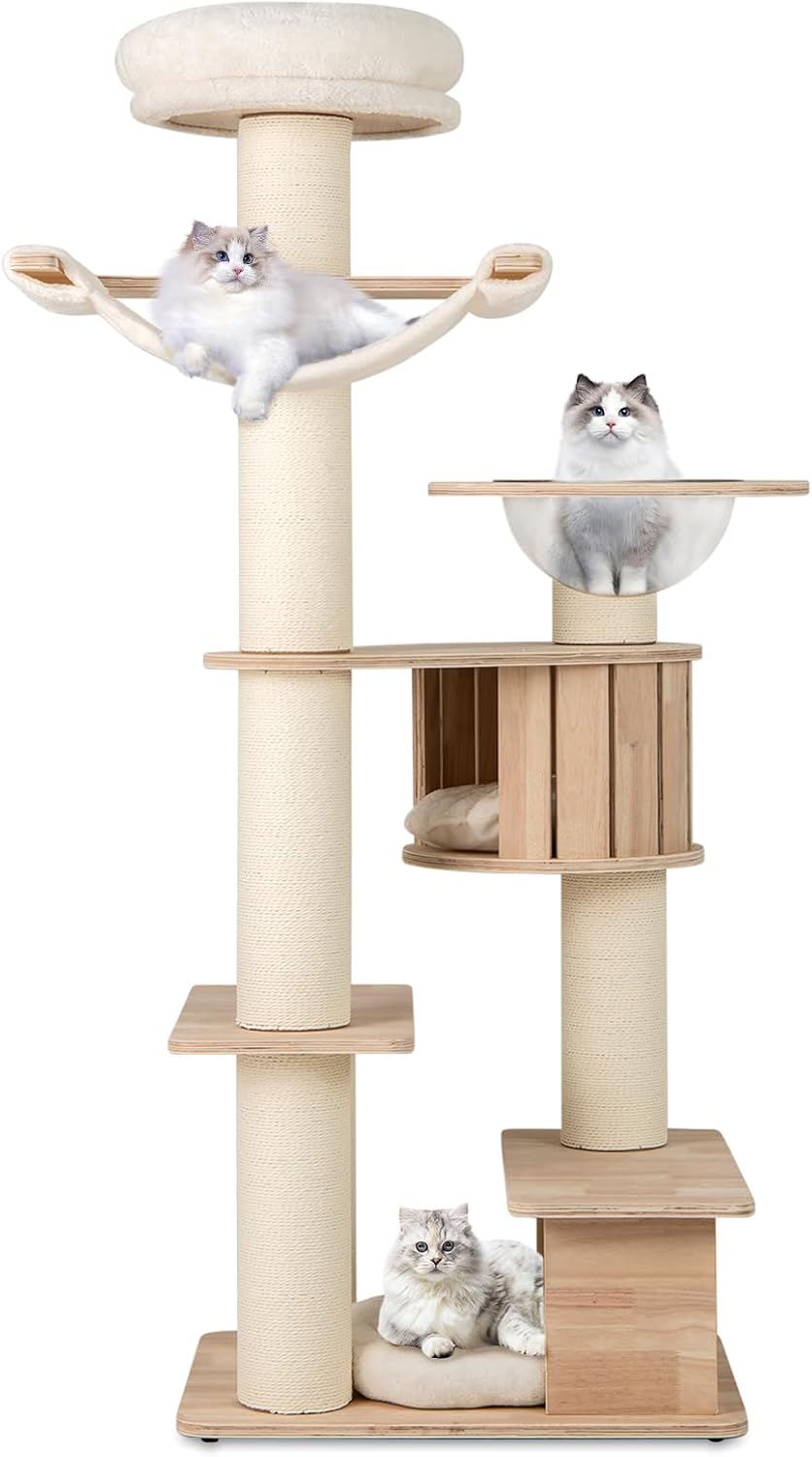 Tangkula 69” Tall Cat Tree, Multi-Layer Wood Cat Tower with Scratching Posts, Perch, Condo, Space Capsule, Hammock, Washable Cushions, Modern Cat Tree Tower for Indoor Cats Large Adult