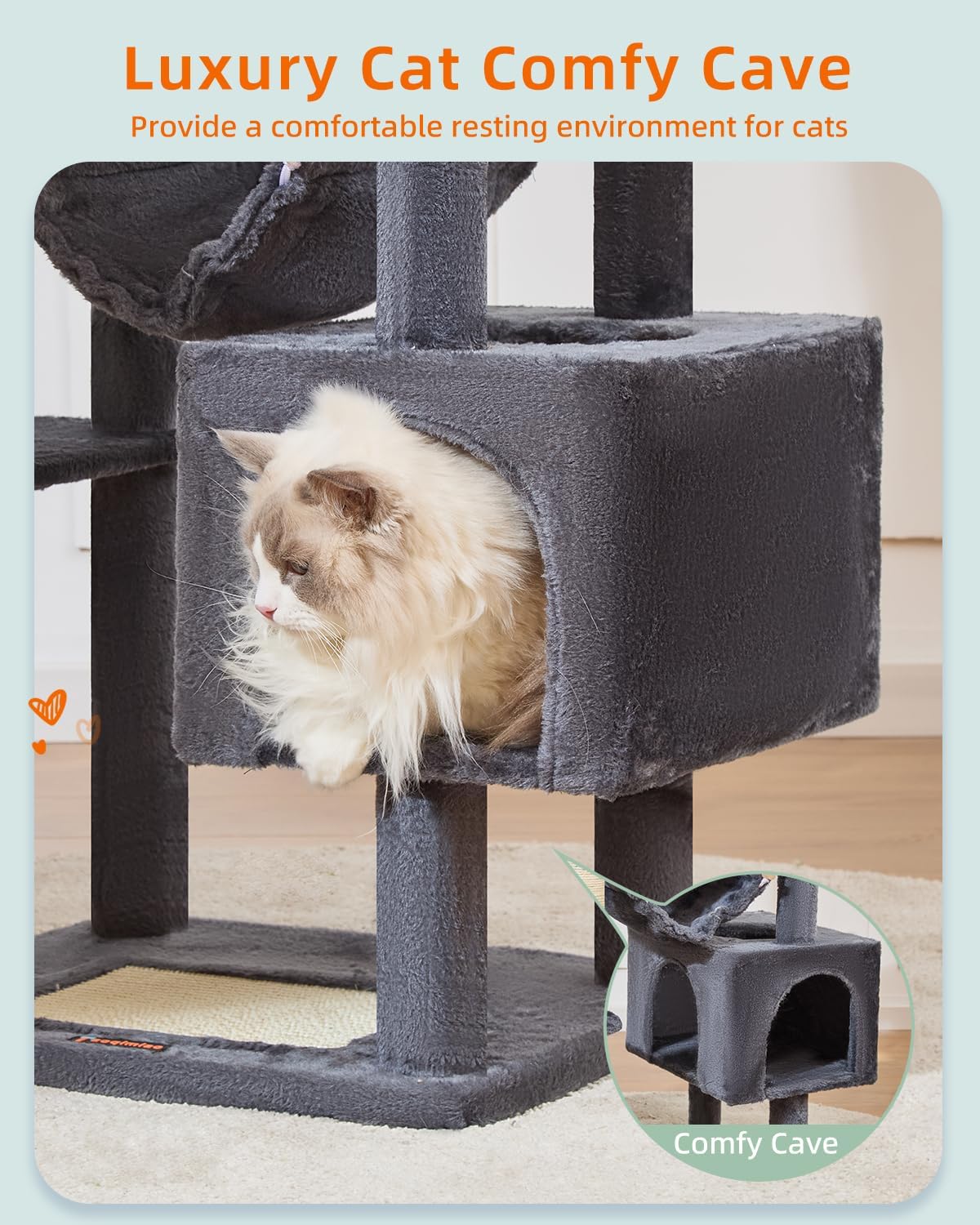 Taoqimiao Cat Tree, 68-Inch Cat Tree Cat Tower for Indoor Cats, Plush Multi-Level Cat Condo with 6 Scratching Posts, 2 Perches, 2 Caves,Hammock, 3 Pompoms,MS020SG Smoky Gray