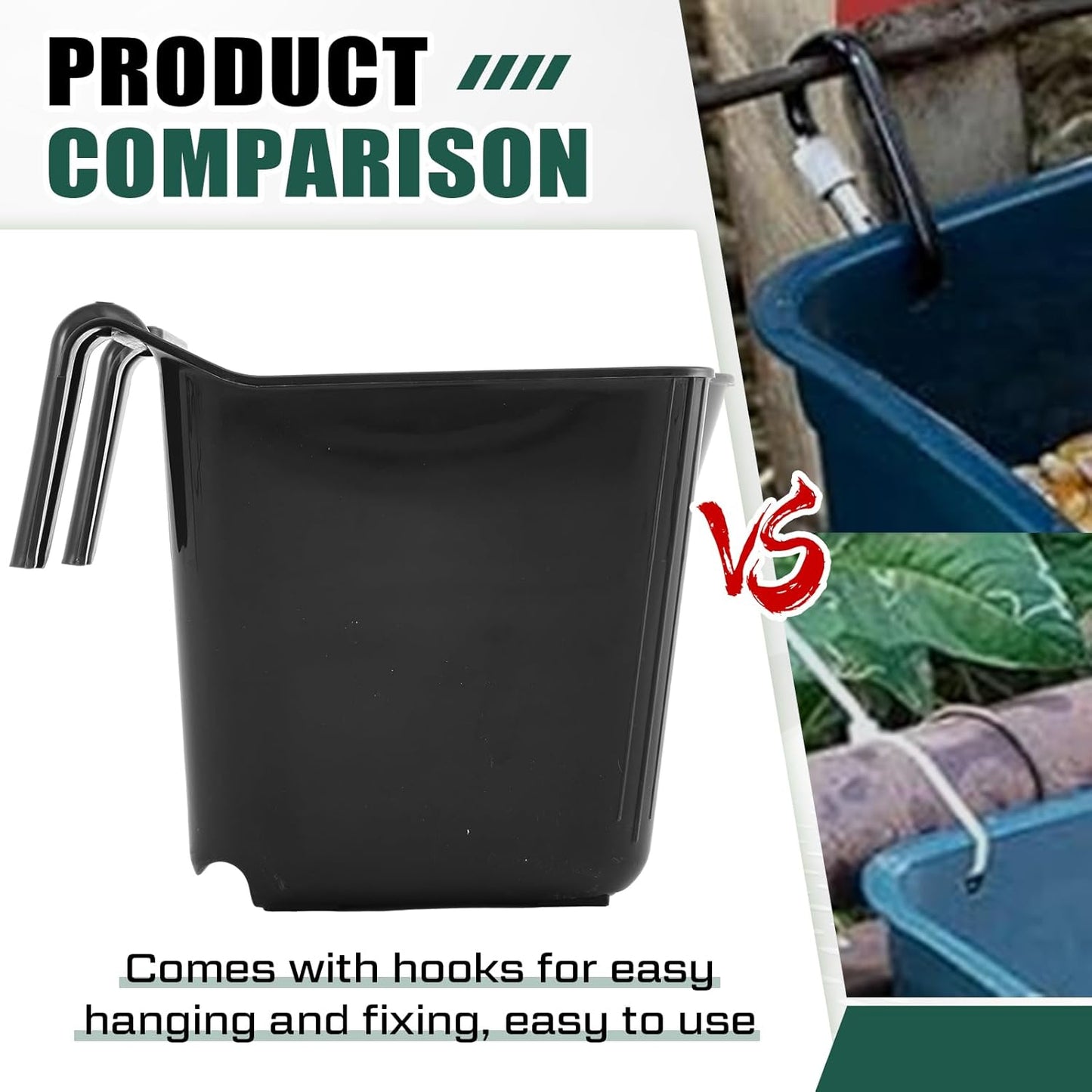 4 Pack 15 Quart Horse Feeders for Stall Hook Over Hanging Fence Hay Feeder Mountable Livestock Plastic Feed Bucket for Farm Stalls Pasture, Stable to Feed Horses Sheep Cattle Cows Etc(Black)