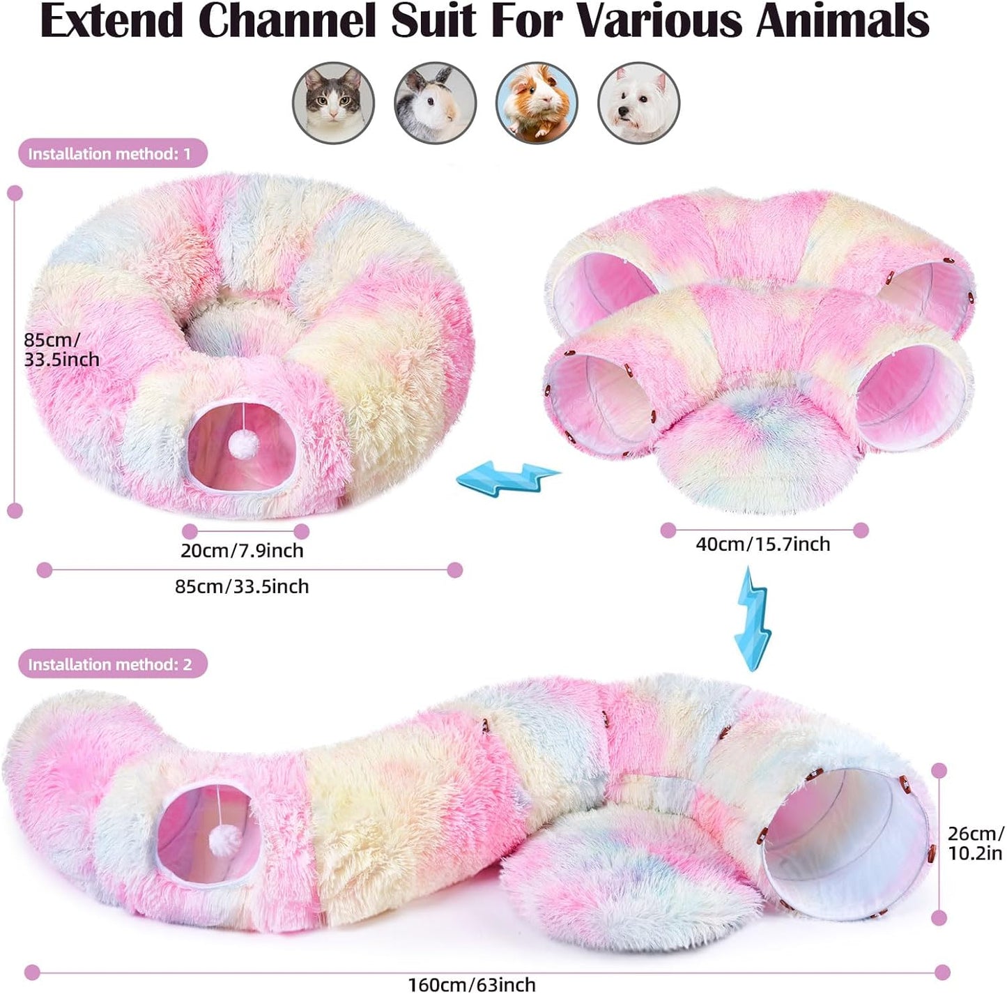 Odoland Cat Tunnels Bed with 20 Cat Toys for Indoor Cats, Plush Cat Couch Tunnel Bed for Kitten, Cat Cave Donut Tunnel - Detachable Soft Cat Bed and Variety Kitty Toy Set, Pink