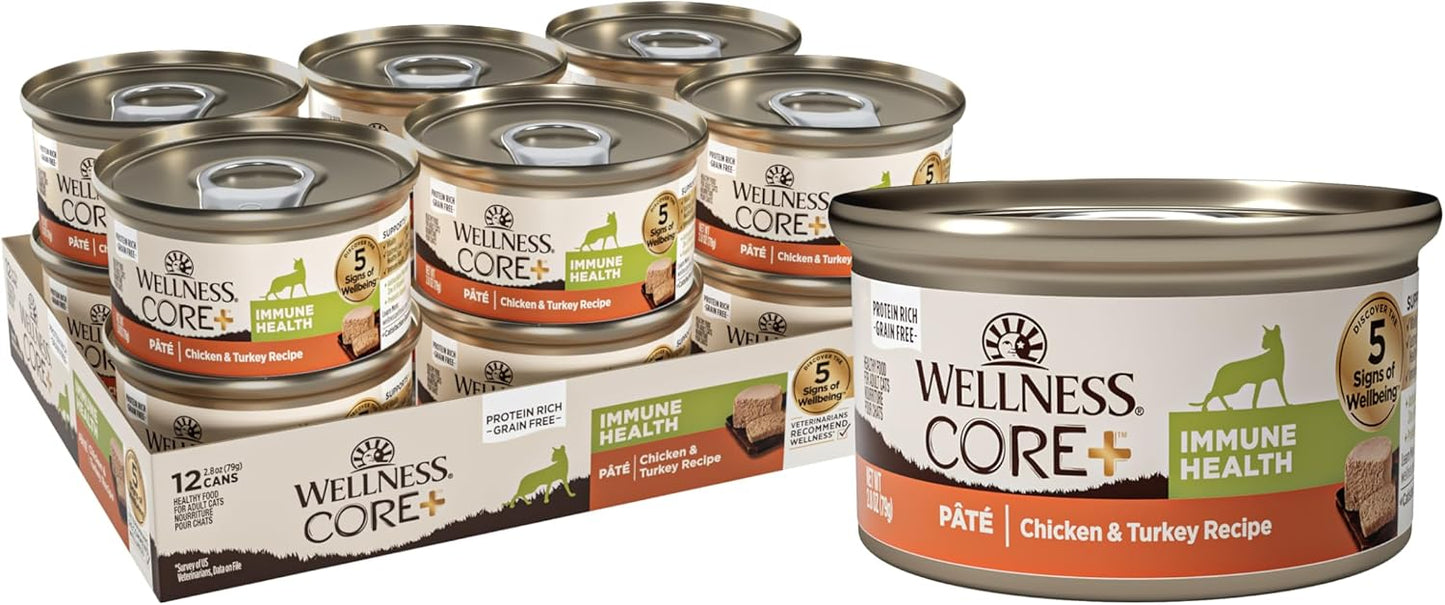 Wellness CORE+ Immune Health Pate Adult Wet Cat Food, Natural, Protein-Rich, Grain Free, 2.8 Ounce, 12 Pack (Chicken & Turkey)