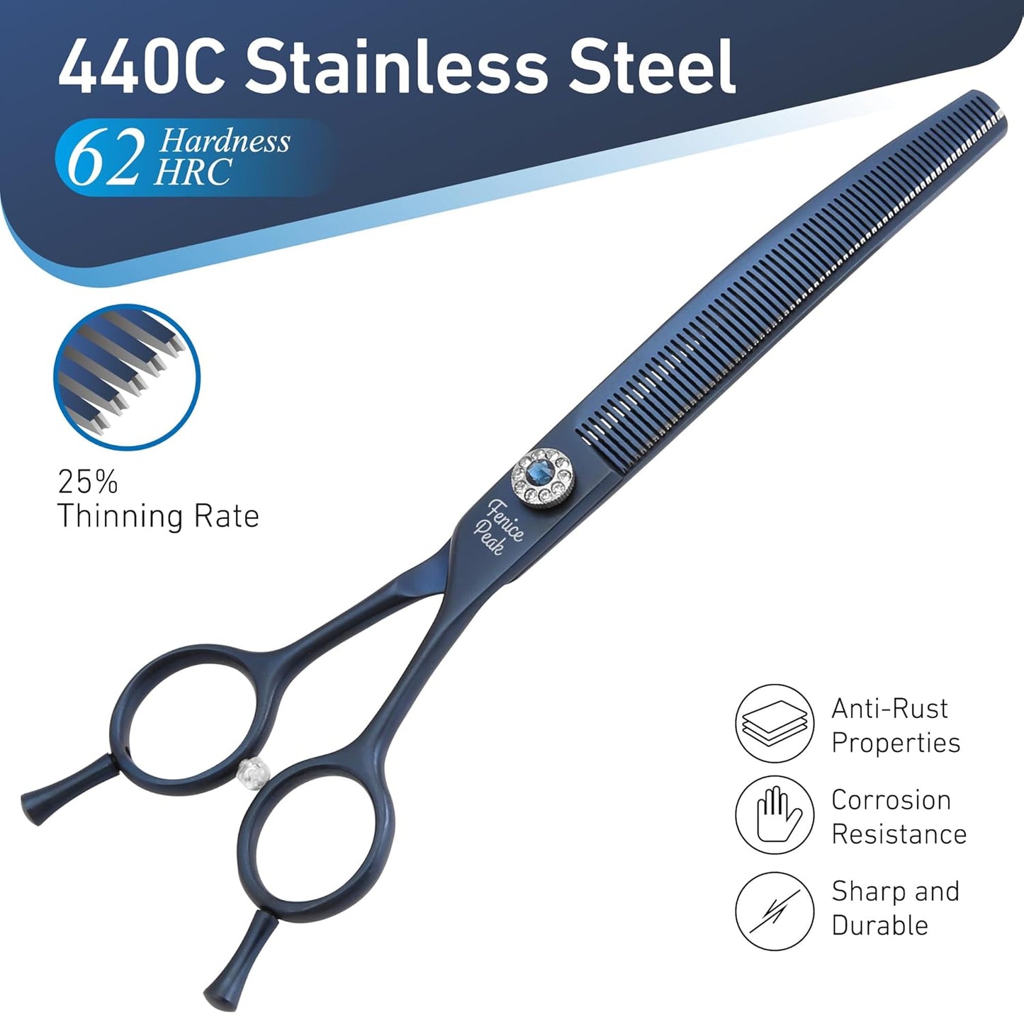 Fenice Peak Professional Dog Grooming Scissors Pet Curved Thinning Shears 7.0'' Extremely Sharp Blades 440C Steel Thinning Scissors Durable Smooth Motion&Fine Cut for Dogs and Cats