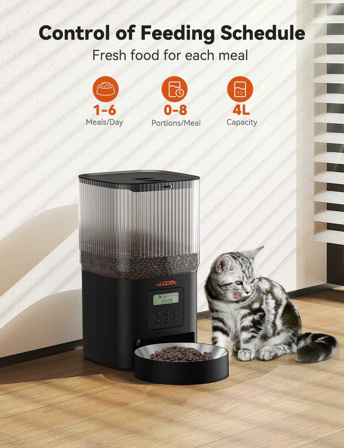 WOPET Automatic Cat Feeder, WiFi Dog Feeder with APP Control for Remote Feeding, Automatic Cat Food Dispenser with 10S Voice Record,1-10 Meals Per Day for Cats and Dogs (Black-Standard)