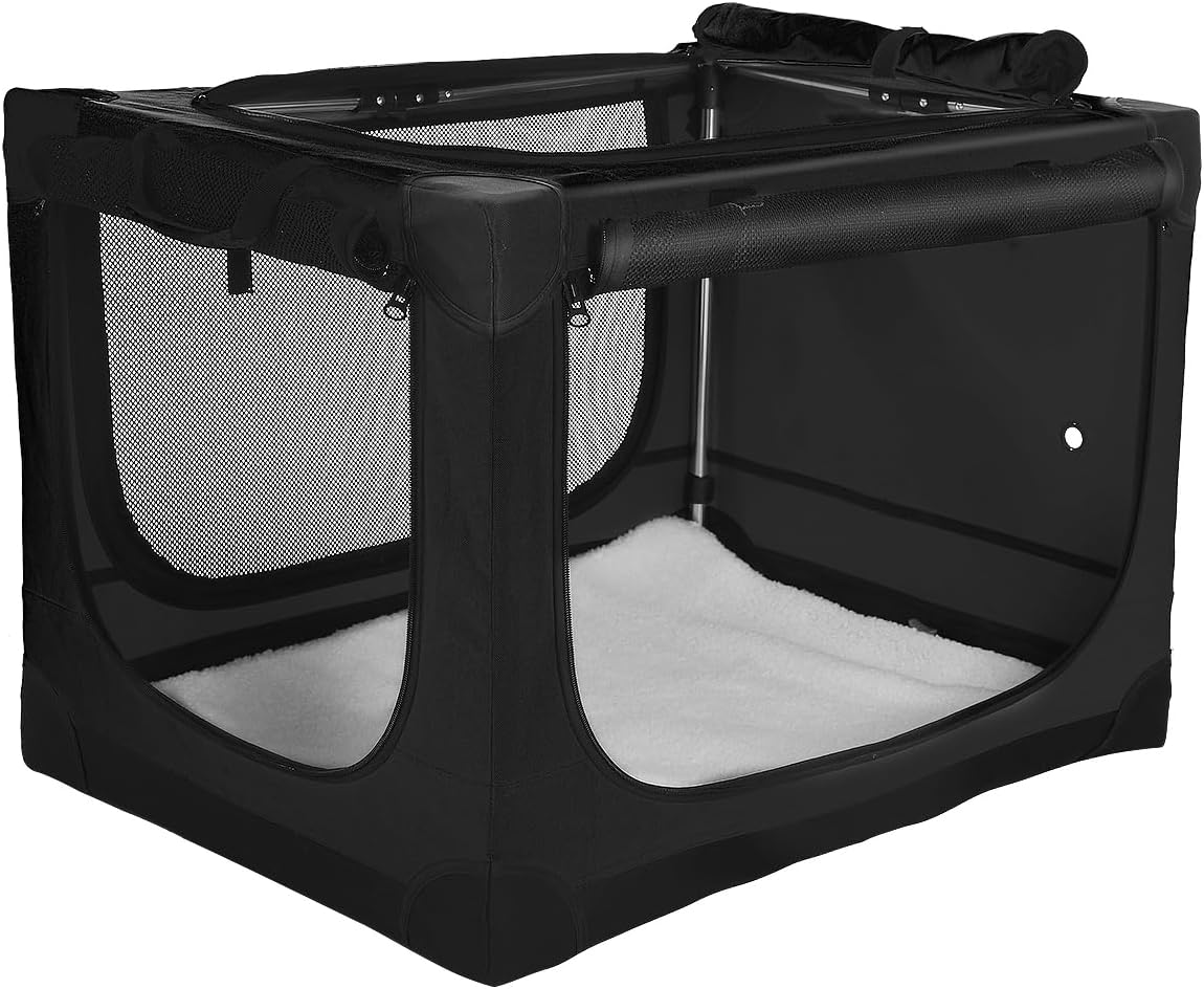 36-Inch Collapsible Travel Dog Crate, Portable 4-Door Soft Kennel for Medium to Large Dogs, Durable Mesh Windows, Indoor/Outdoor Use, Foldable, with Storage Bag (Black)