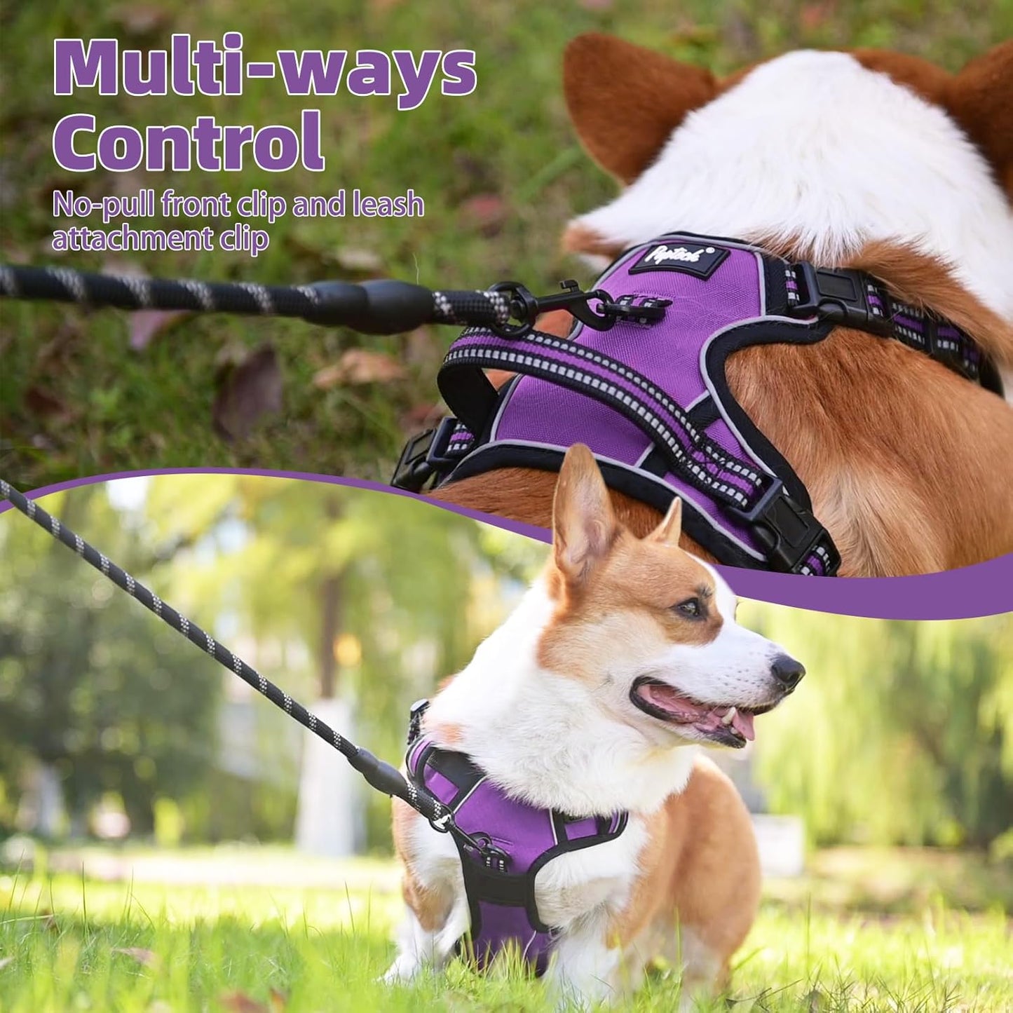 PUPTECK No Pull Dog Harness for Large, Adjustable Reflective Dog Harness with Handle Easy Control, Comfortable Soft Padded Pet Vest Harness for Large Dogs, Solid Purple L