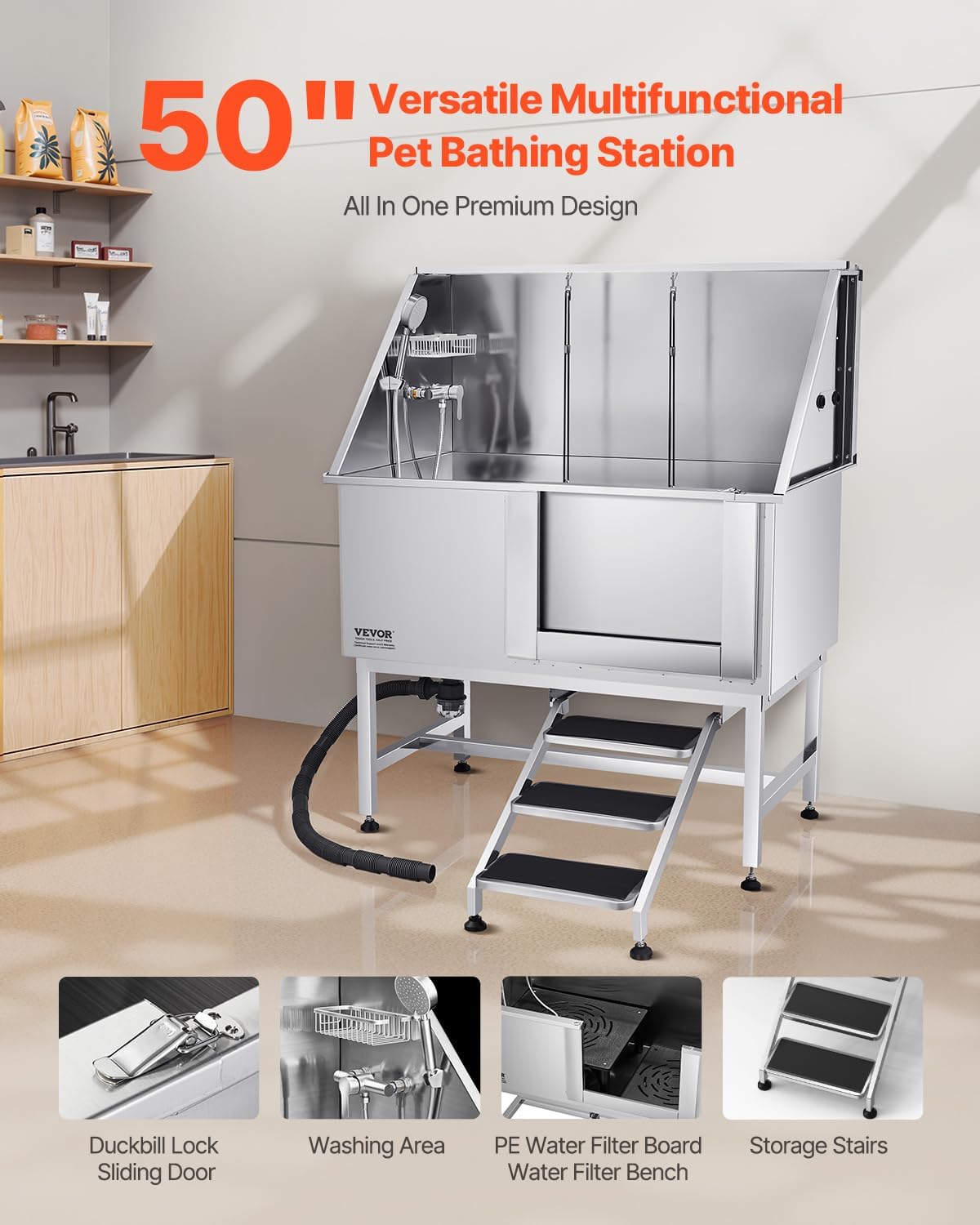 VEVOR Stainless Steel Dog Washing Station, 50 inch Pet Grooming Tub w/Stairs, PE Water Filter Board, Faucet & Showerhead & Soap Holder Dog Bathtub for Large & Medium & Small Pets (Right Door)