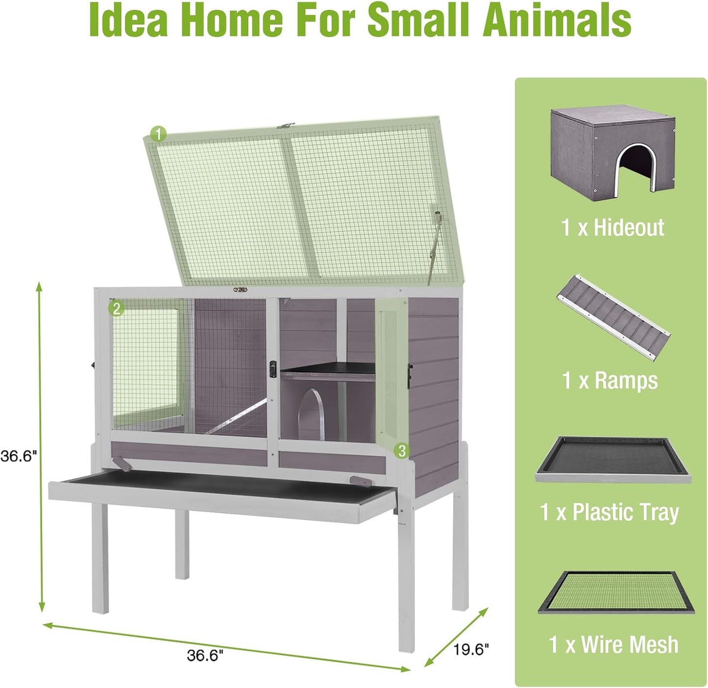 GUTINNEEN Rabbit Hutch Guinea Pig Cages Indoor with Stand Wooden Small Animals Cage Hutch Hamster Cage with Hideout,Pull Out Tray, Anti Chew Ramp (Grey)