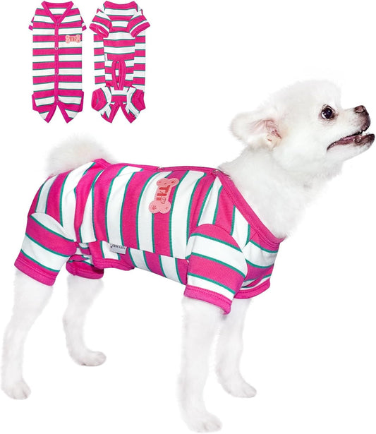 TONY HOBY Male Dog Pajamas, Dog Jumpsuit with Rose Red Stripe, Colorful Dogs Shirt for Small Medium Dogs (Rose Red&White, Boy, L)
