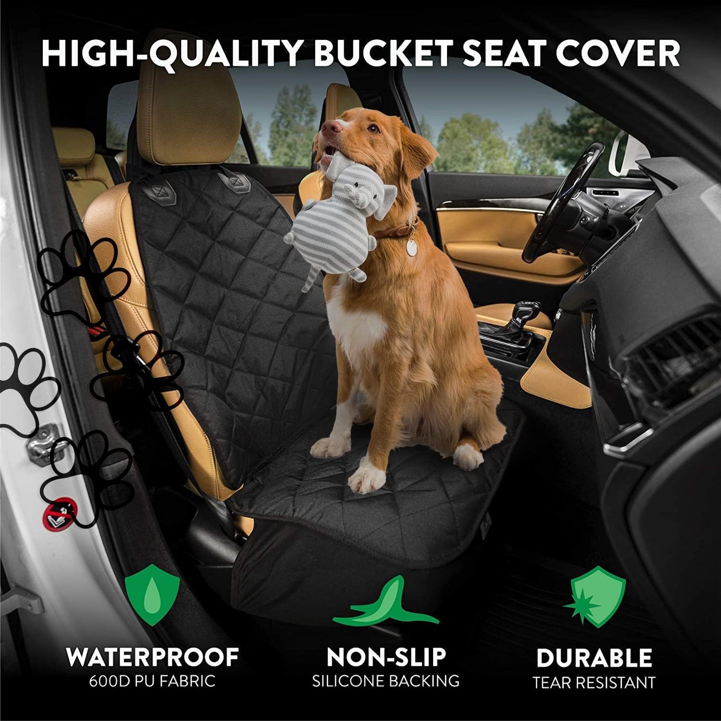 Plush Paws Products Premium Bucket Car Seat Protector | Diamond Stitching | Washable & Waterproof Front Seat Dog Cover Car, Truck, & SUV | Nonslip, Tear Resistant Pet Passenger Seat Cover | Black