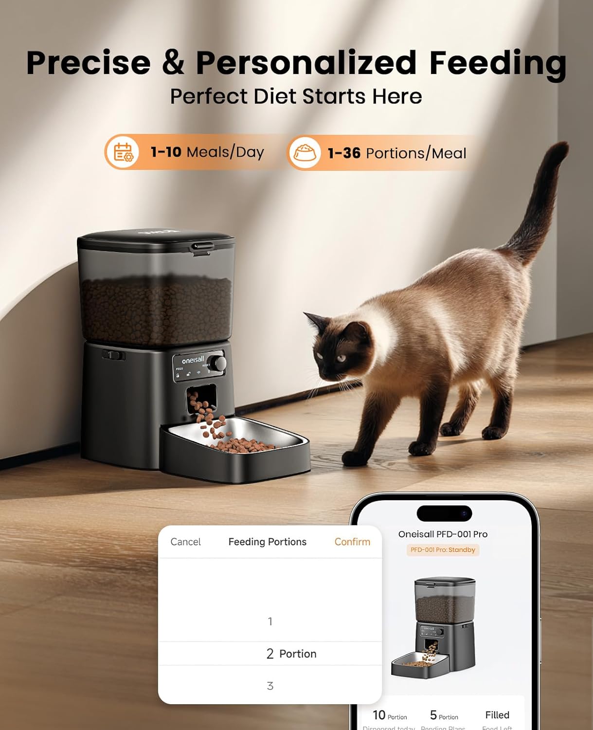 oneisall Automatic Cat Feeder, WiFi Cat Food Dispenser with App Control, Auto Cats Feeder Automatic for Dry Food, Smart Pet Food Dispenser with Portion Control for Small Pets Indoor