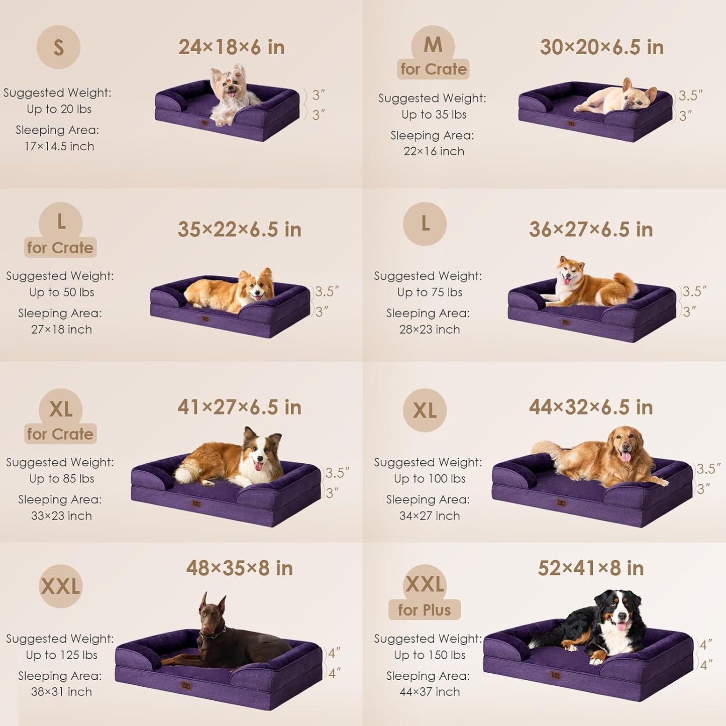 EHEYCIGA Orthopedic XL Dog Beds, Waterproof Memory Foam Dog Bed for Extra Large Dogs, Non-Slip Bottom and Egg-Crate Foam Big Pet Couch Bed with Washable Removable Cover, Purple