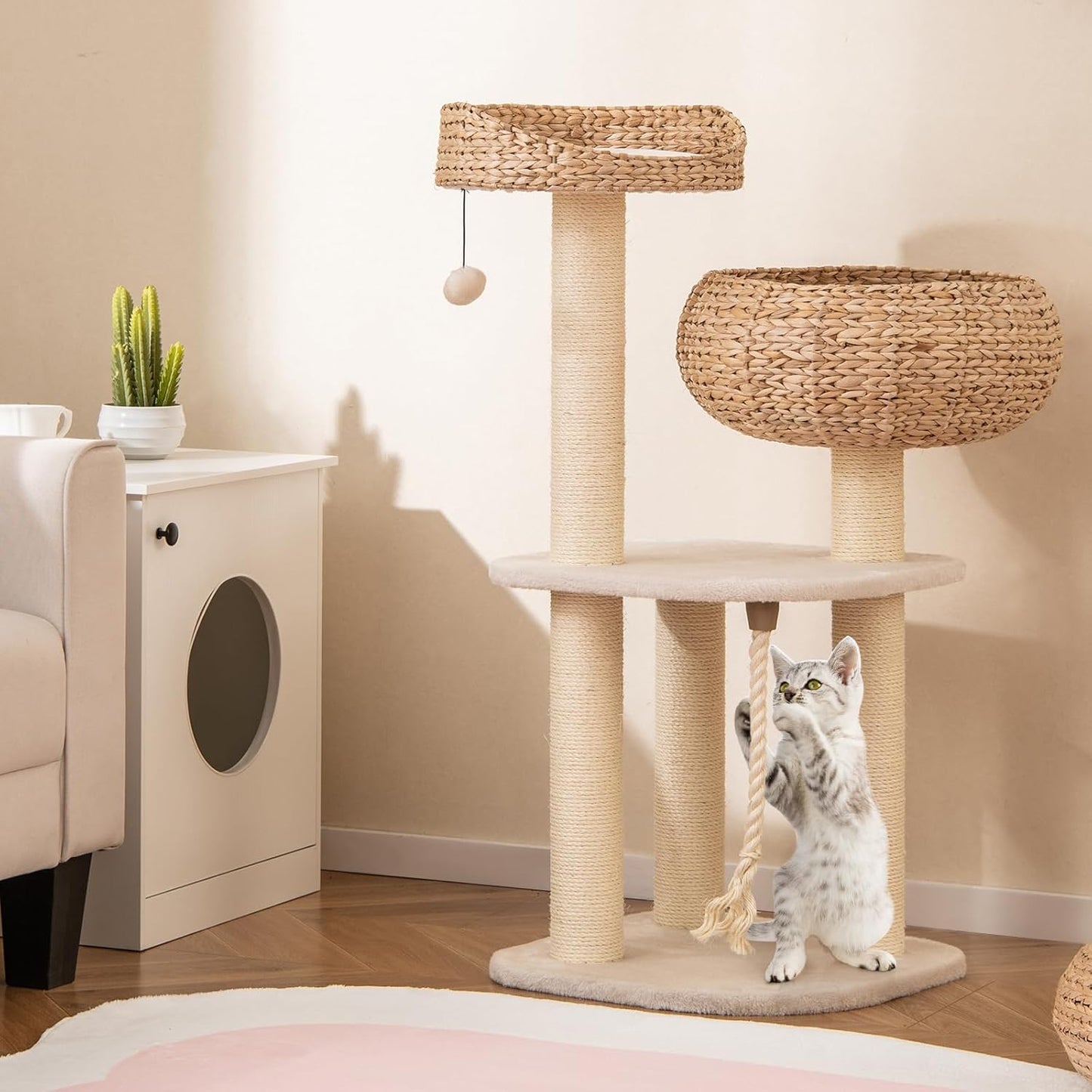 Tangkula Modern Cat Tree, Tall Cat Tower with Natural Sisal Scratching Post, Hand-Made Wicker Cat Condo & Top Perch, Funny Hanging Toy Ball, Cute Cat Tree Tower for Indoor Cats