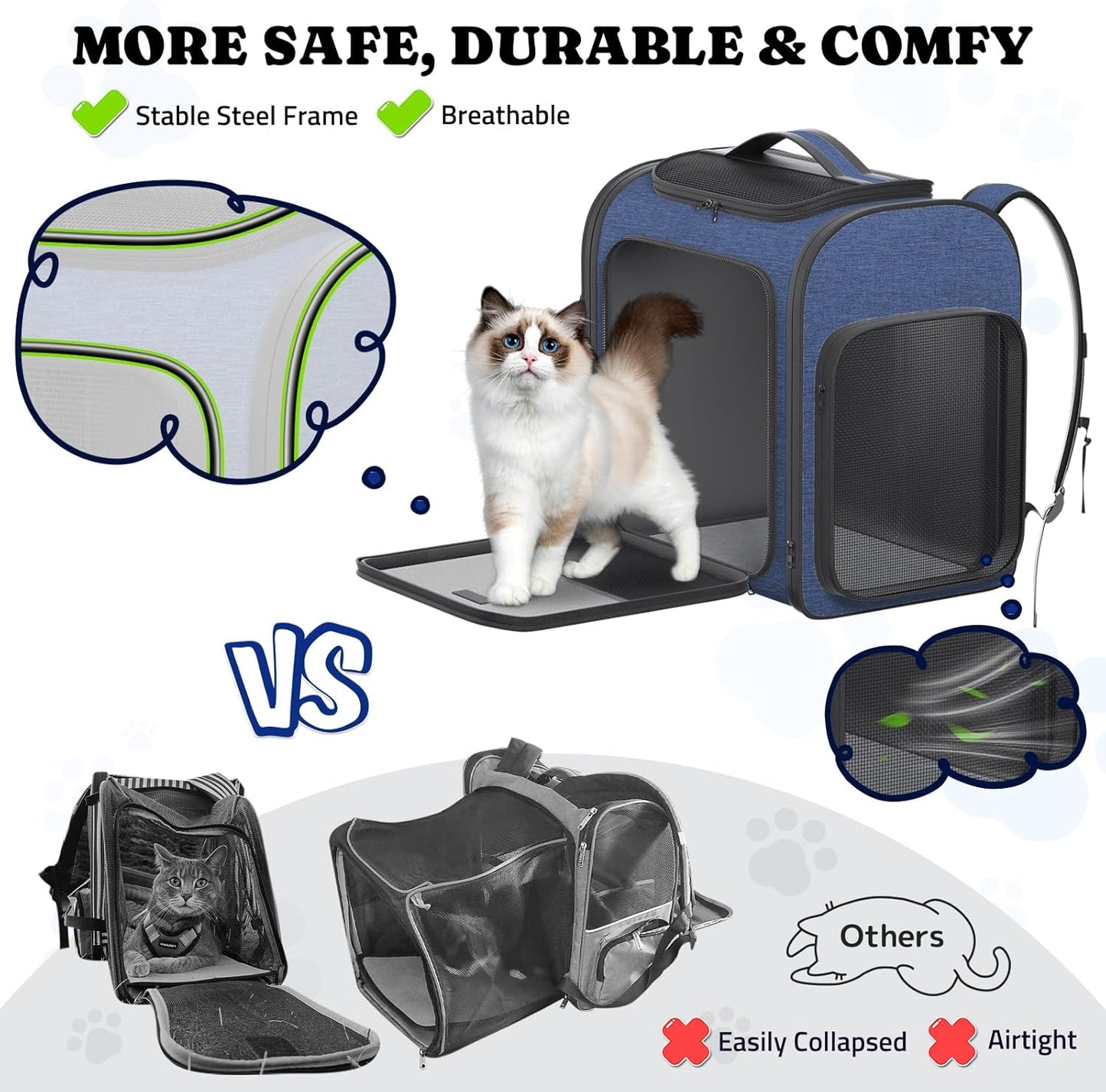 Pawtners Dog Backpack Carrier Dog Carrier with Anti-Scratch Mesh with Great Ventilation, Large Pet Carrier Backpack for Small Dogs & Large Cats, Foldable Designed Pet Backpack Perfect for Travel