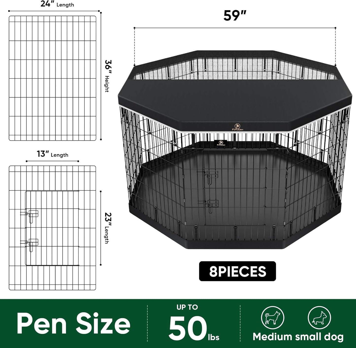 PJYuCien Dog Playpen, 8 Panels 36’’H Dog Pens Indoor with Bottom Pad and Top Cover, Metal Foldable Pet Puppy Exercise Fence Crate Kennel, Better for Medium Animals,Black