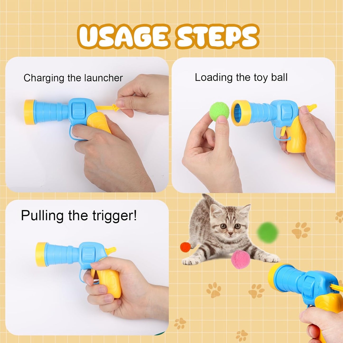 50Pcs Cat Toys Pom Pom Balls with 1 Launcher Set, Interactive Cat Toy Stuff for Indoor Both Adult & Kitten Toys