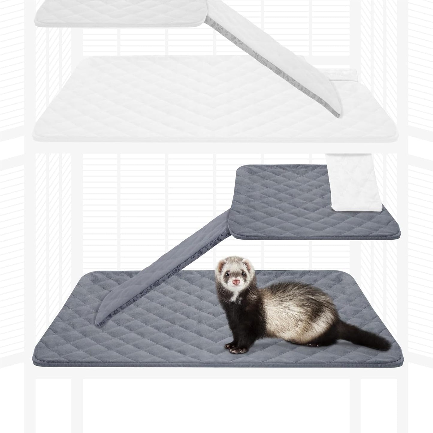 Paw Inspired Fitted Fleece Cage Liner Set for Ferret Nation, Critter Nation Single Unit (Bottom Pan Liner, Ramp Cover, Shelf Liner) for Ferrets, Rats, Chinchillas, Hedgehogs, Small Animals (Gray)