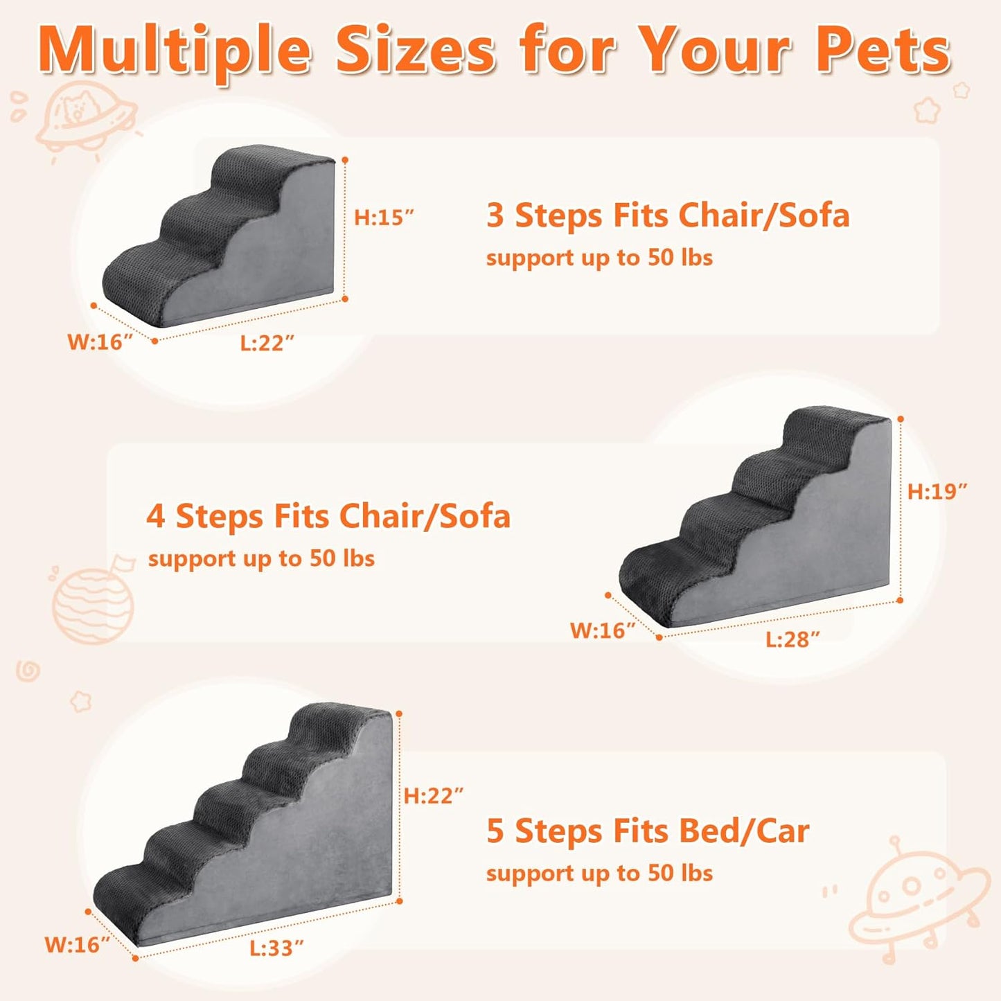 MIHIKK Dog Stairs Ramp, Curved 5-Step Dog Steps for Small Dogs and Cats, Pet Stairs for High Beds and Couch with Anti-Slip Washable Cover and Durable High Density Foam, Dark Grey