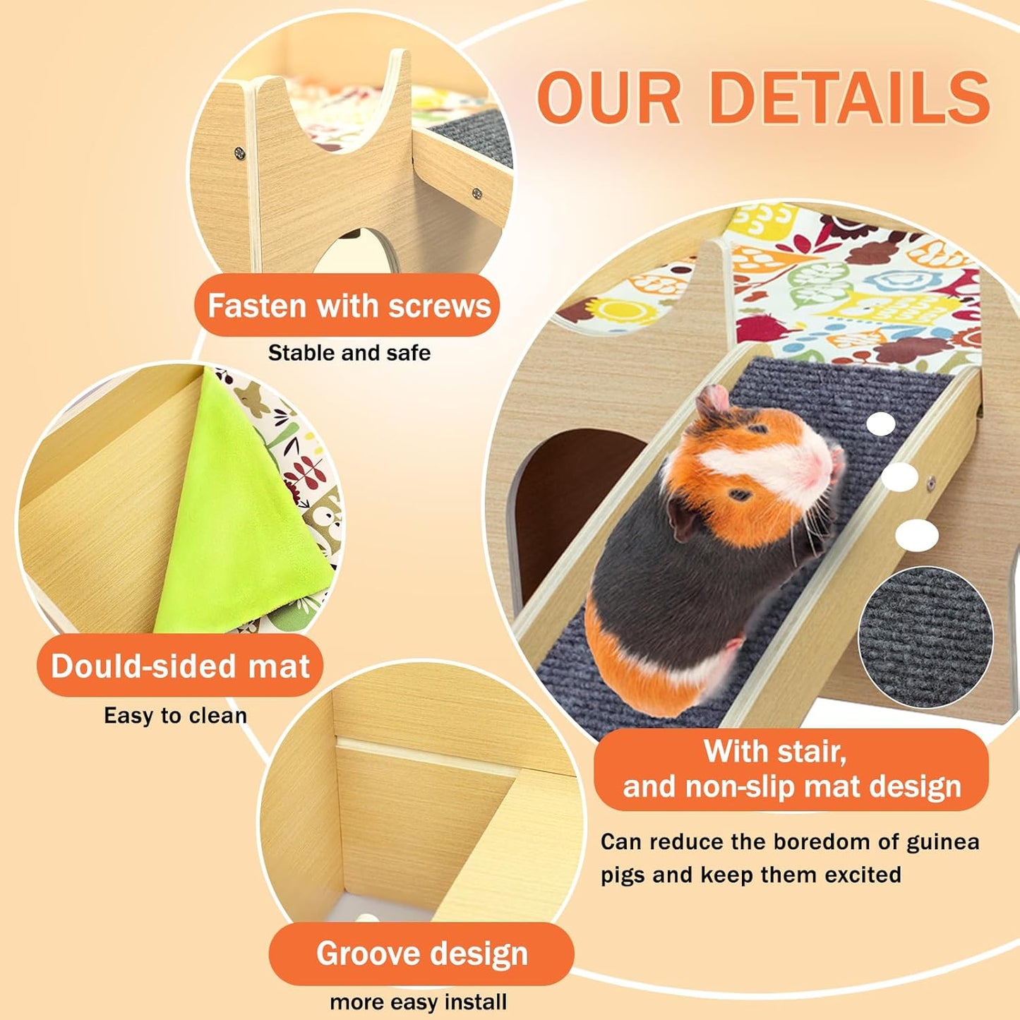 Large Guinea Pig Hideout, Sturdy Wooden Guinea Pig House, Small Animal Toys Accessories Bed Hut Habitats with Ramp and Mat, Easy to Install for Hamsters Bunny Rabbit Playing Hiding