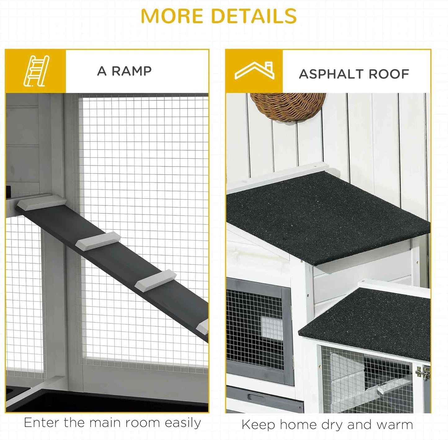 PawHut 62" Rabbit Hutch, Wooden Bunny Hutch, Guinea Pig Cage, Small Animal Enclosure with Run Area, Removable Tray, Asphalt Roof, Lockable Doors and Ramp, for Rabbits, Chickens, Ducks, White