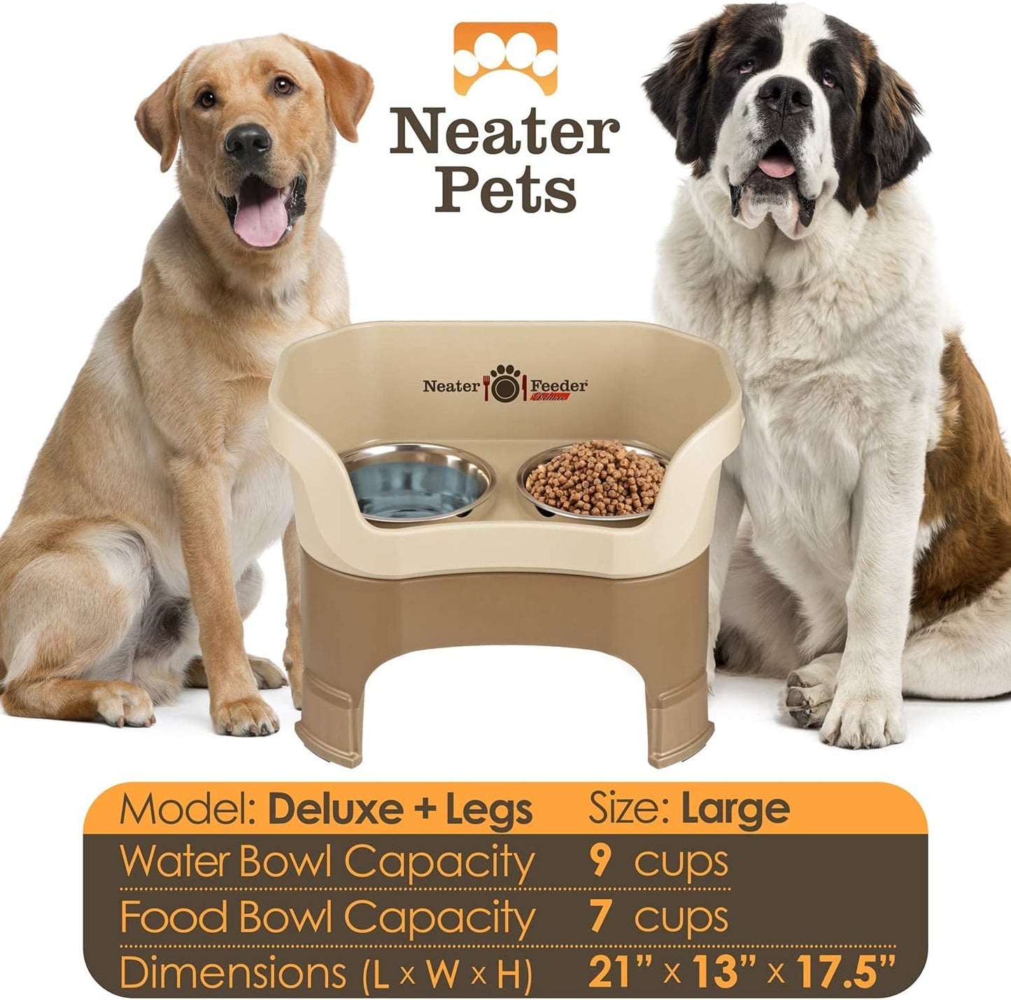 Neater Feeder Deluxe Mess Proof Dog Bowls Elevated for Large Dogs – Made in USA – No Spill Raised Dog Food Bowl Stand w/Leg Extensions – Stainless Steel Dog Food and Water Bowl Set – Cappuccino
