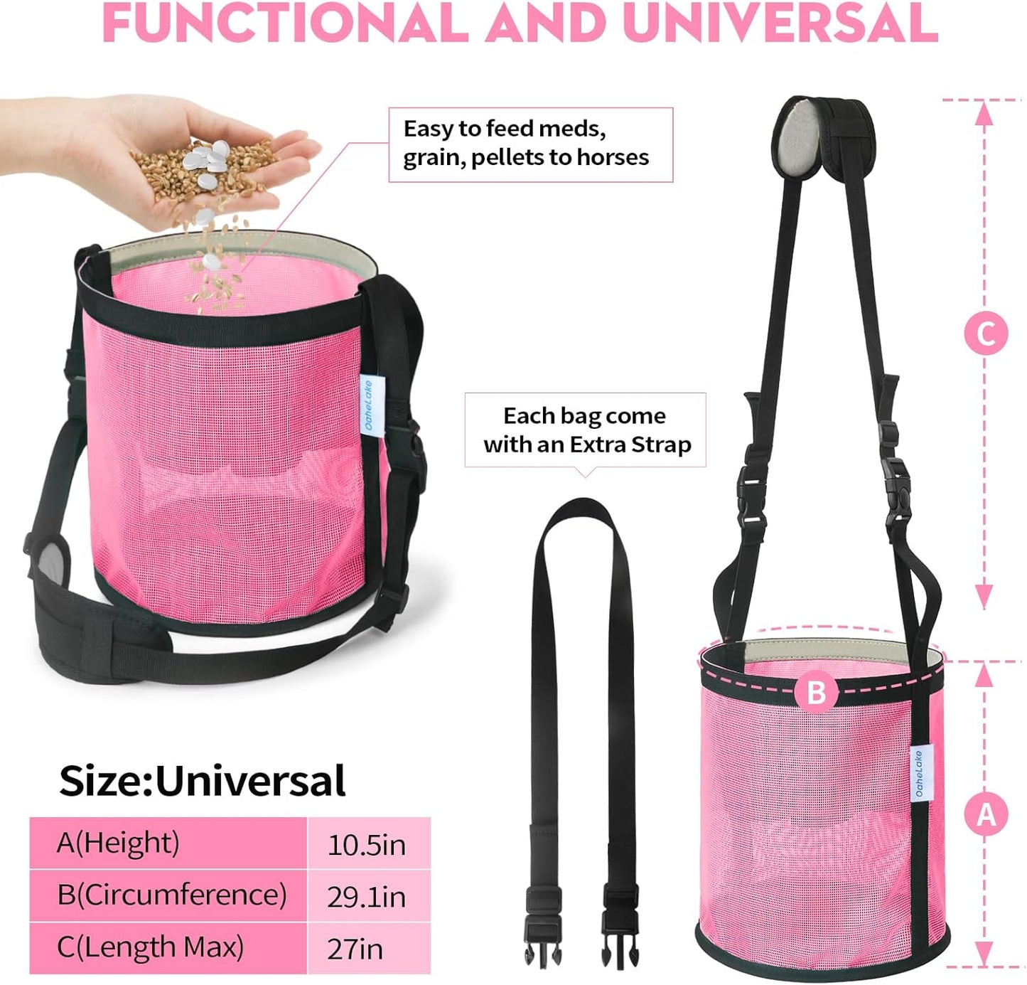 Horse Feed Bag 2 Pcs, Mesh Feed Bags for Horses, Muzzle Feedbag for Feeding Grain, Anti-Spill Design Feeder, Soft Neck Pad Nose Pad, Breathable and Universal Fit (Pink, Pack of 2)