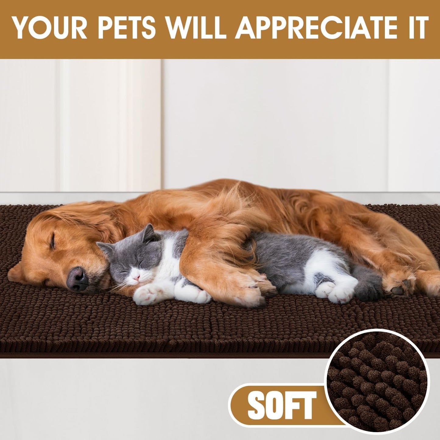 Extra Large Dog Door Mats for Muddy Paws, Chenille Absorbent Dog Mats, Non Slip Heavy Mud Mat for Dogs, Soft Pet Mat for Entryway, Mud Paws, Inside Floor,71" x 25", Brown