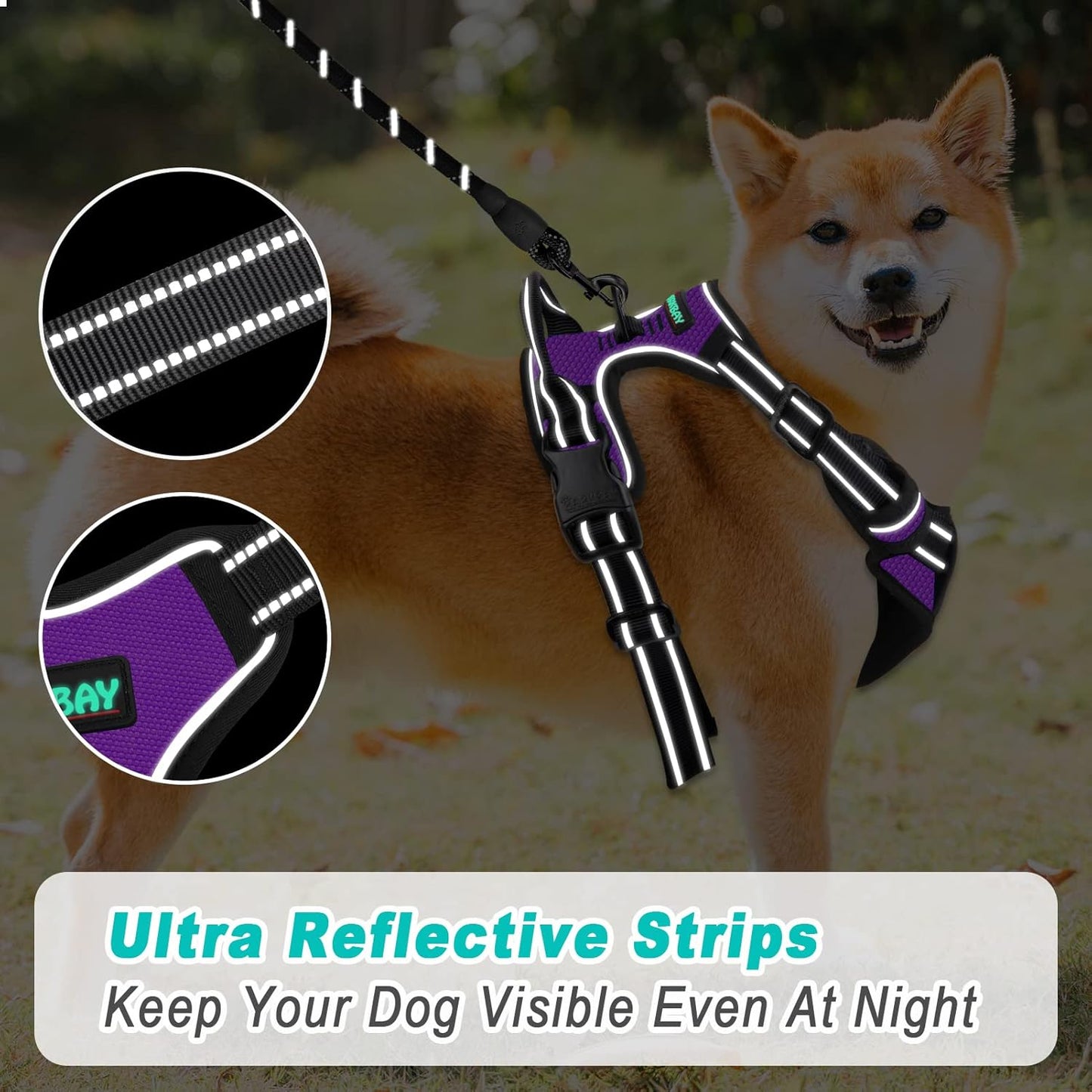 BARKBAY No Pull Dog Harness Large Step in Reflective Dog Harness with Front Clip and Easy Control Handle for Walking Training Running(Purple,L)