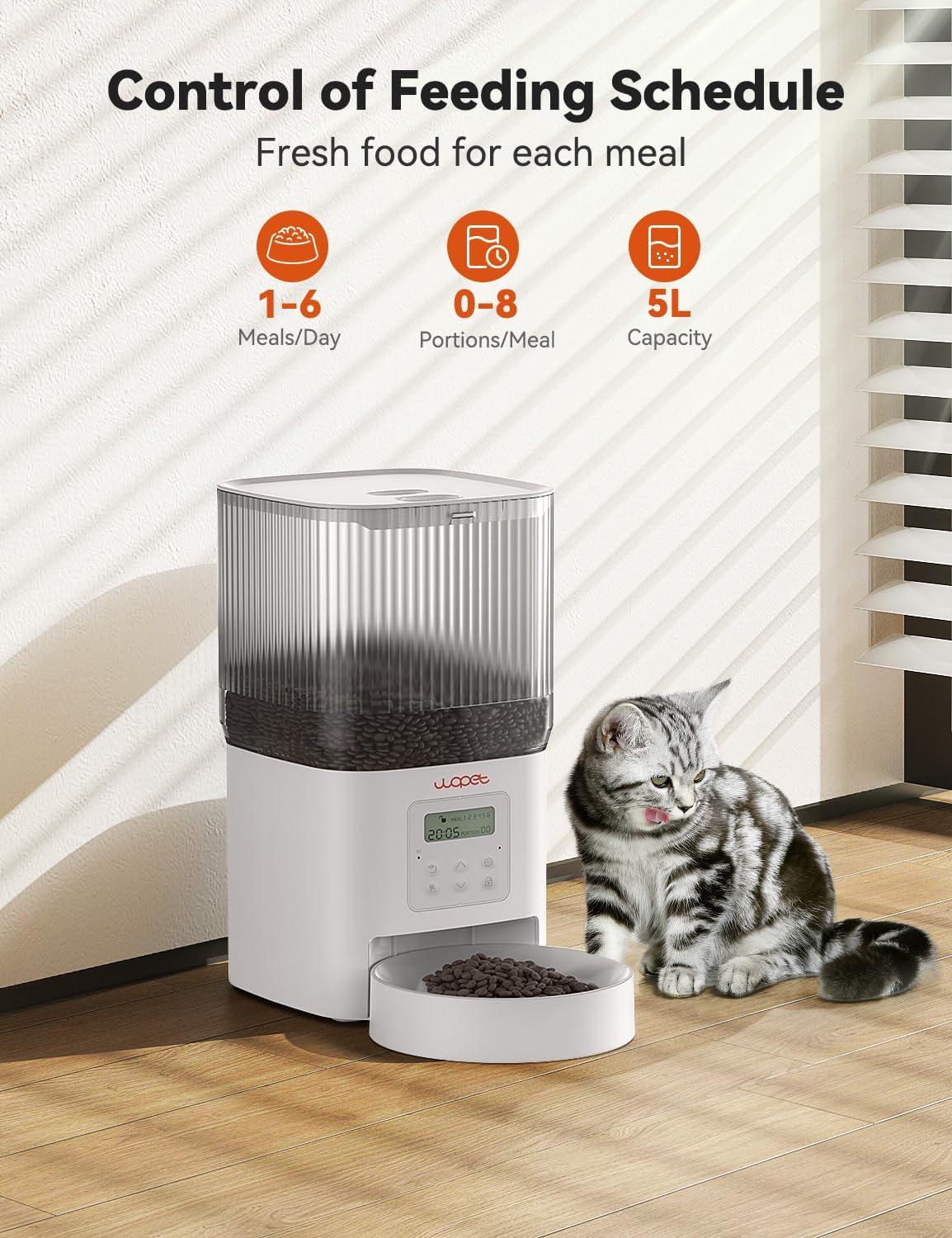WOPET Automatic Cat Feeder, 4L Automatic Dog Feeder with 180-Day Battery Life, Programmable Cat Food Dispenser with Stainless Steel Bowl，1-6 Meals Per Day