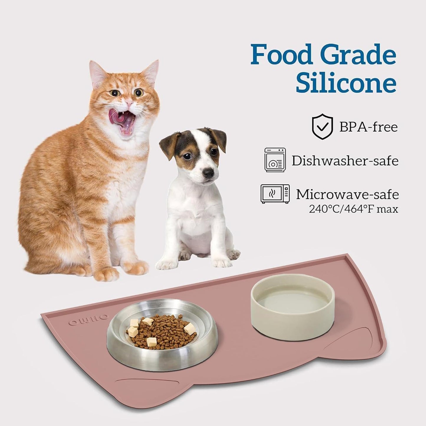 OHMO - Cat Food Mat, Silicone Pet Feeding Mat for Floor Non-Skid Waterproof Dog Water Bowl Tray, Easy to Clean Pet Placemat(Rose, 20 * 12")