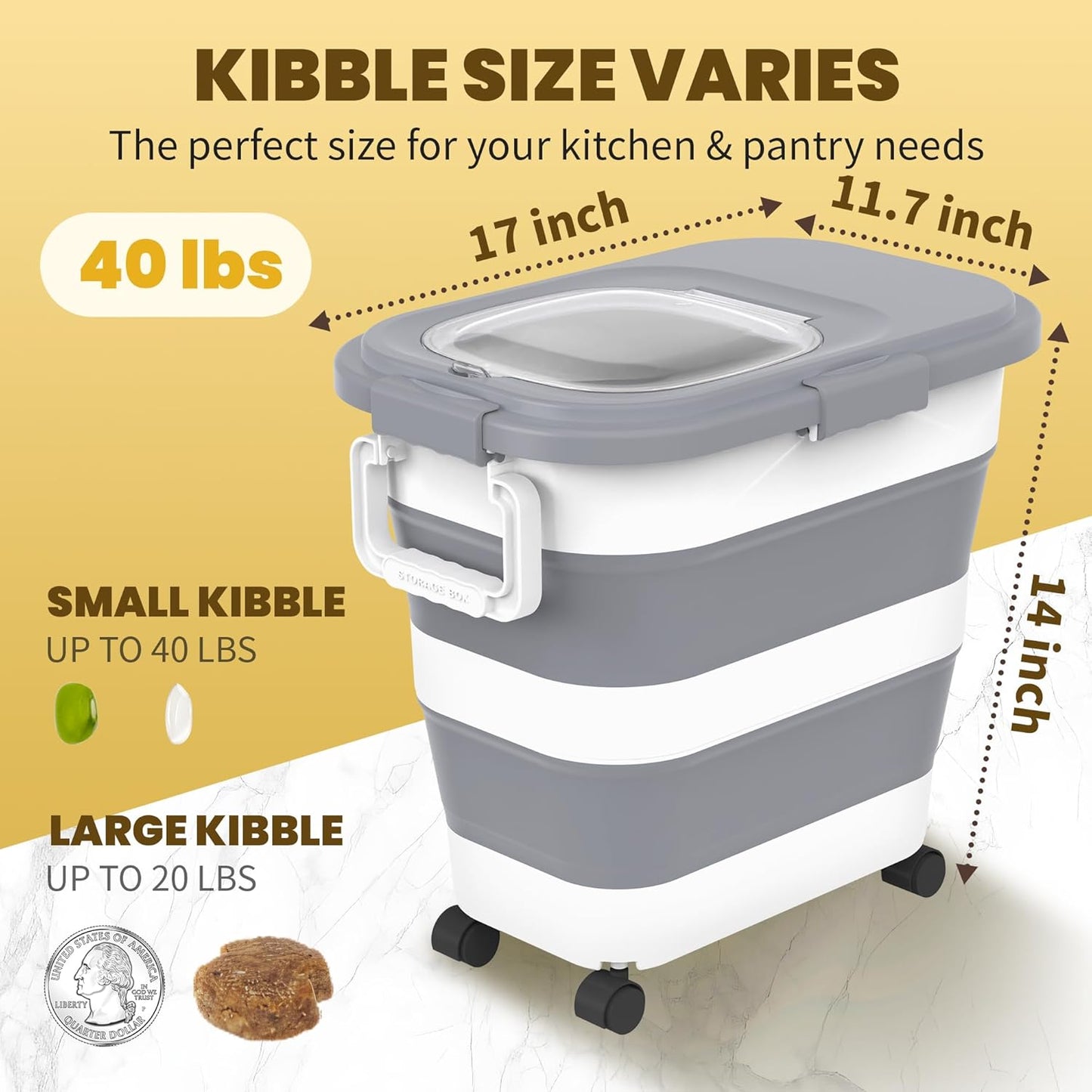 HOYTAMDA 30-40Lbs Rice Container,Collapsible Airtight Food Storage Containers with Wheels,Handle,Rice Storage Container with Small Bin and Scoop,Rice Dispenser for Flour Sugar Cereal Grain Dog Cat