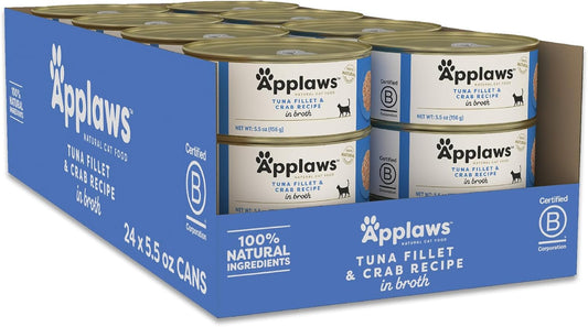 Applaws Natural Wet Cat Food in Broth, Limited Ingredient Canned Wet Cat Food, No Additives, Made with Natural Ingredients, Tuna Fillet & Crab in Broth (24 x 5.5oz Cans)