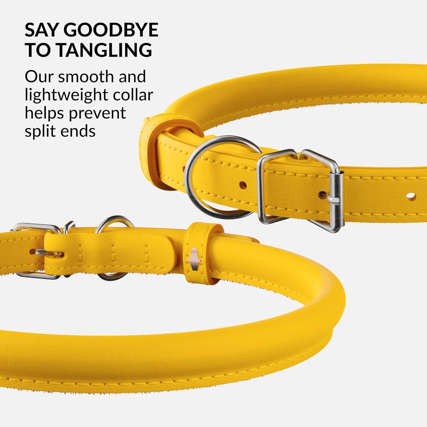 CollarDirect Rolled Leather Dog Collar, Soft Padded Round Puppy Collar, Handmade Genuine Leather Collar Dog Small Large Cat Collars 13 Colors (6-7 Inch, Yellow Smooth)