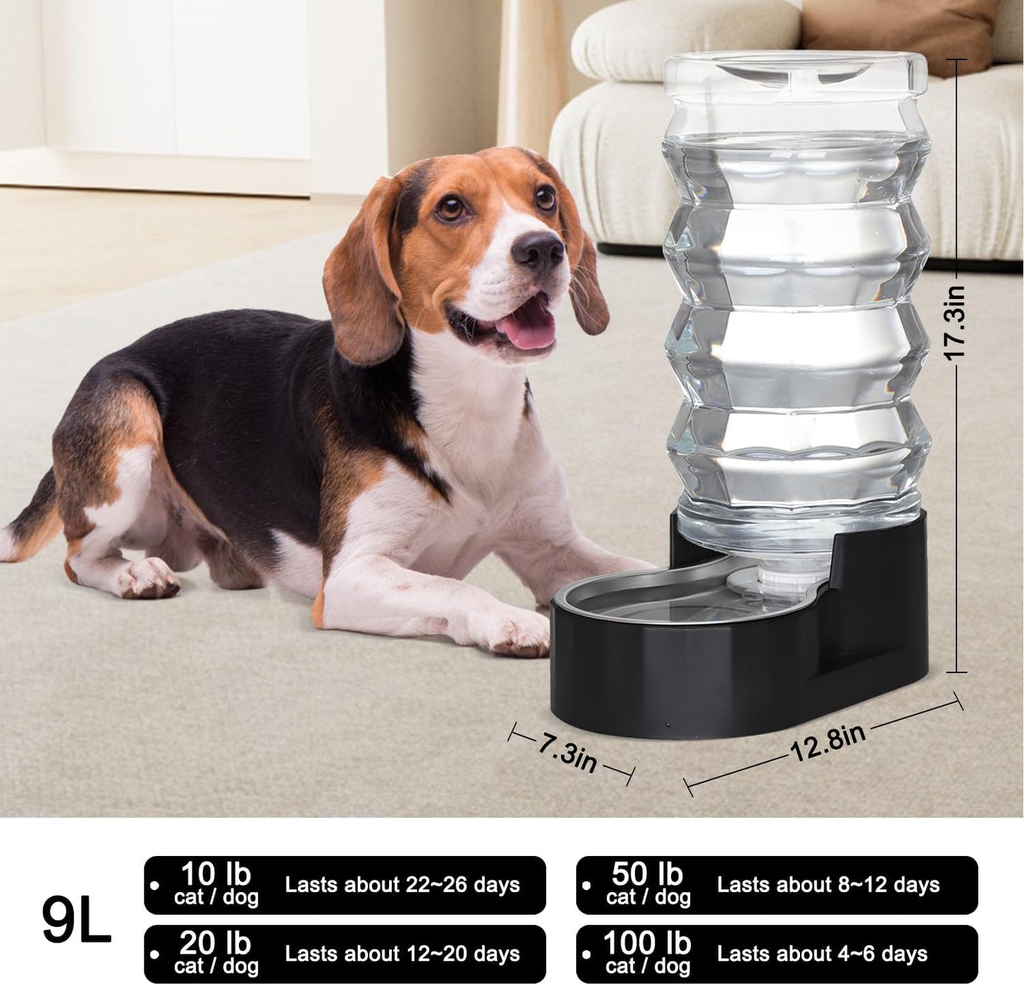 Sfozstra Automatic Pet Water Dispenser: 9L Black Lagre Dogs Stainless Steel Gravity Feeder - Convenient Drinking Water Dispenser Designed for Dogs and Cats