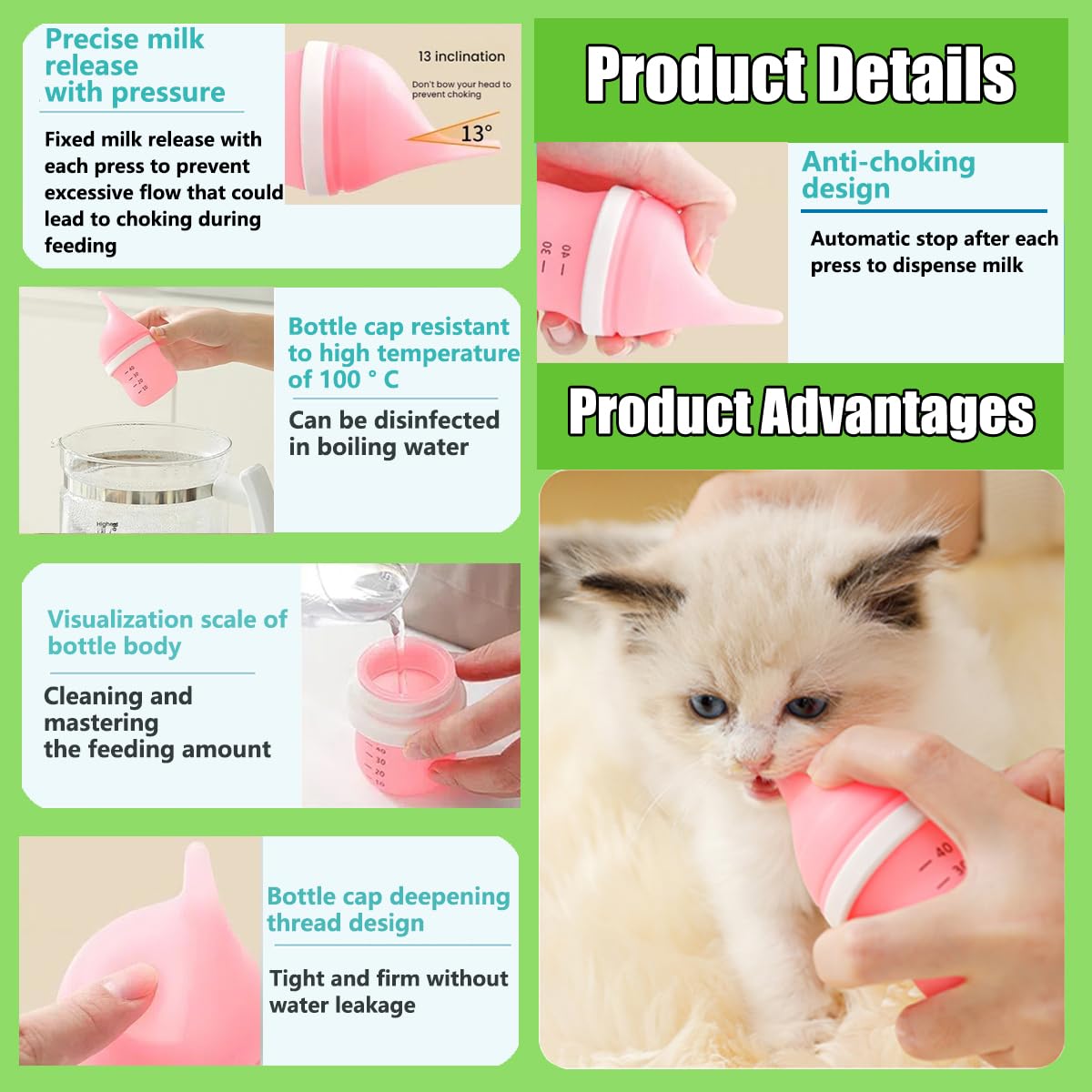 Kitten Bottles for Nursing,Puppy Bottles for Nursing Puppy Milk, Anti-Choking Puppy Feeder Design, with 2 Extra Replaceable Silicone Nipples for Convenient Replacement (Pink)
